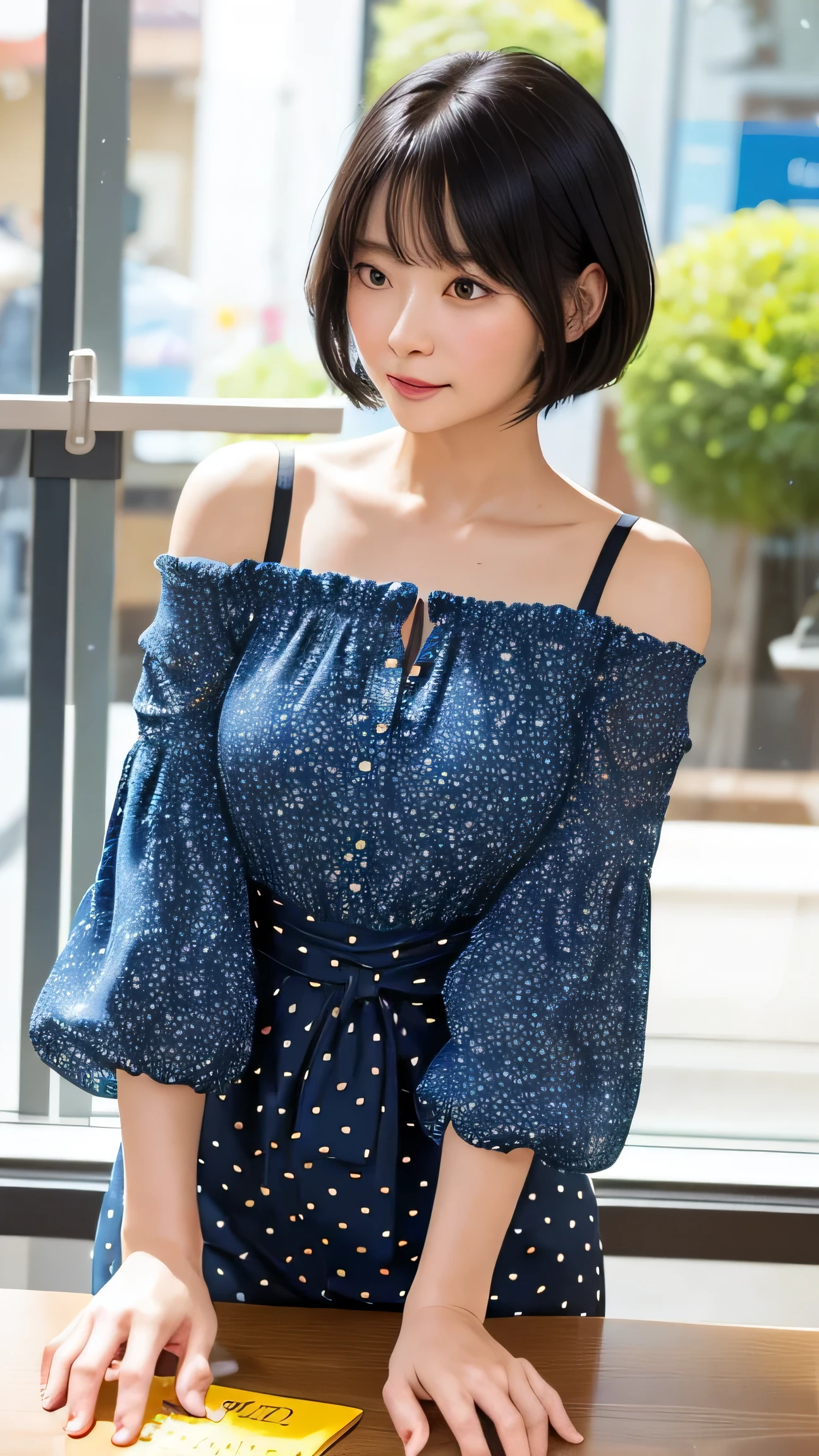 (masterpiece, highest quality, highest resolution, distinct_image, detailed detail, portrait): (Solo, lone girl, face is Japan, short cut, girl with black hair, (perfect body: 1.4), sparkly blue colored eyes, blue dress figure, very delicate and beautiful, detailed skin, slim body, happy smile to show to lover, heroine, boots, front, Towards the viewer,), city parks