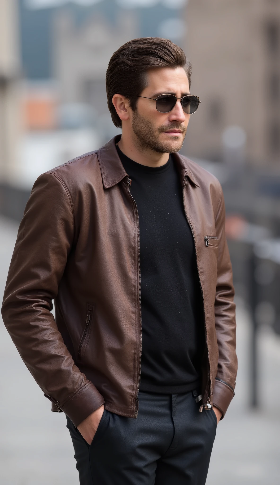 Stylish Jake Gyllenhaal outdoors wearing a fitted brown leather jacket with zipper details and quilted shoulder pads, paired with a plain black shirt and slim dark pants. Wearing sunglasses, confident posture, short styled beard and hair. Cinematic urban background, hyper-realistic 8K, photorealistic textures on leather with light reflections, sharp shadows, high quality