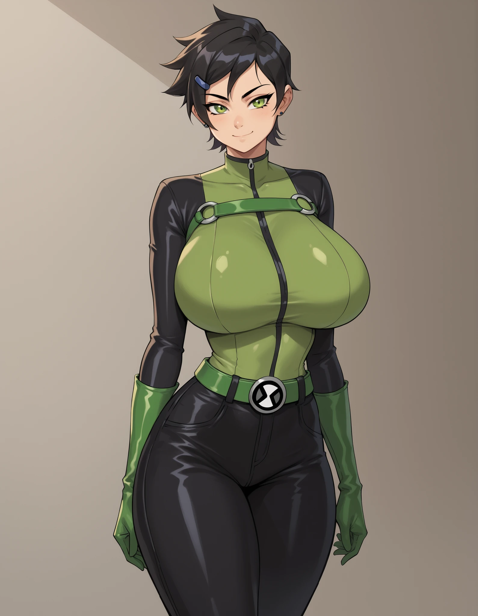A girl , Alone ,1girl, solo, Diana, short hair, bangs, Black hair, green eyes, mouth shut , loving smile , beautiful white leather , standing , looking at the spectator , slim body , shot of a cowboy , bodysuit, green bodysuit, black pants, boots, green boots, tomboy, belt, green belt, ben10,absolutely huge breasts, absolutely thick thighs, absolutely wide hips, tomboy, green belt,((huge breasts)1:1)