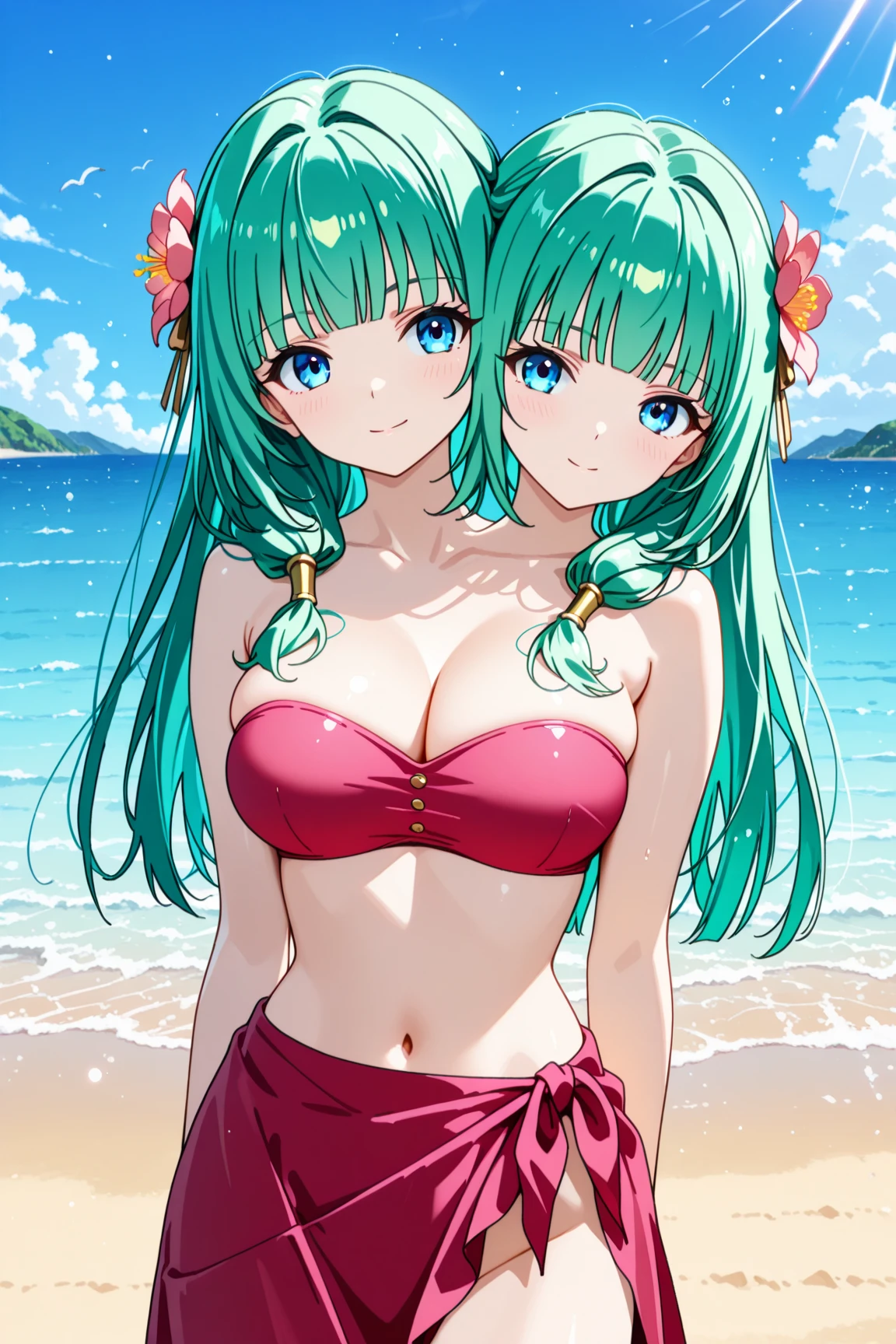 ( Uma mulher) With green hair and green eyes and glasses standing in front of a body of water, Realismo Artstyle, Estilo de arte realista, Menina anime com cabelo martelo, short rosa, de fio dental, Bonded white bra, arte detalhada de alta qualidade, Estilo anime. 8k, Arte de anime realista, estilo de arte impressionante, realistic anime art style, 🤤 retrato da menina, menina anime sedutora, estilo de arte dos desenhos animados, pele azulada