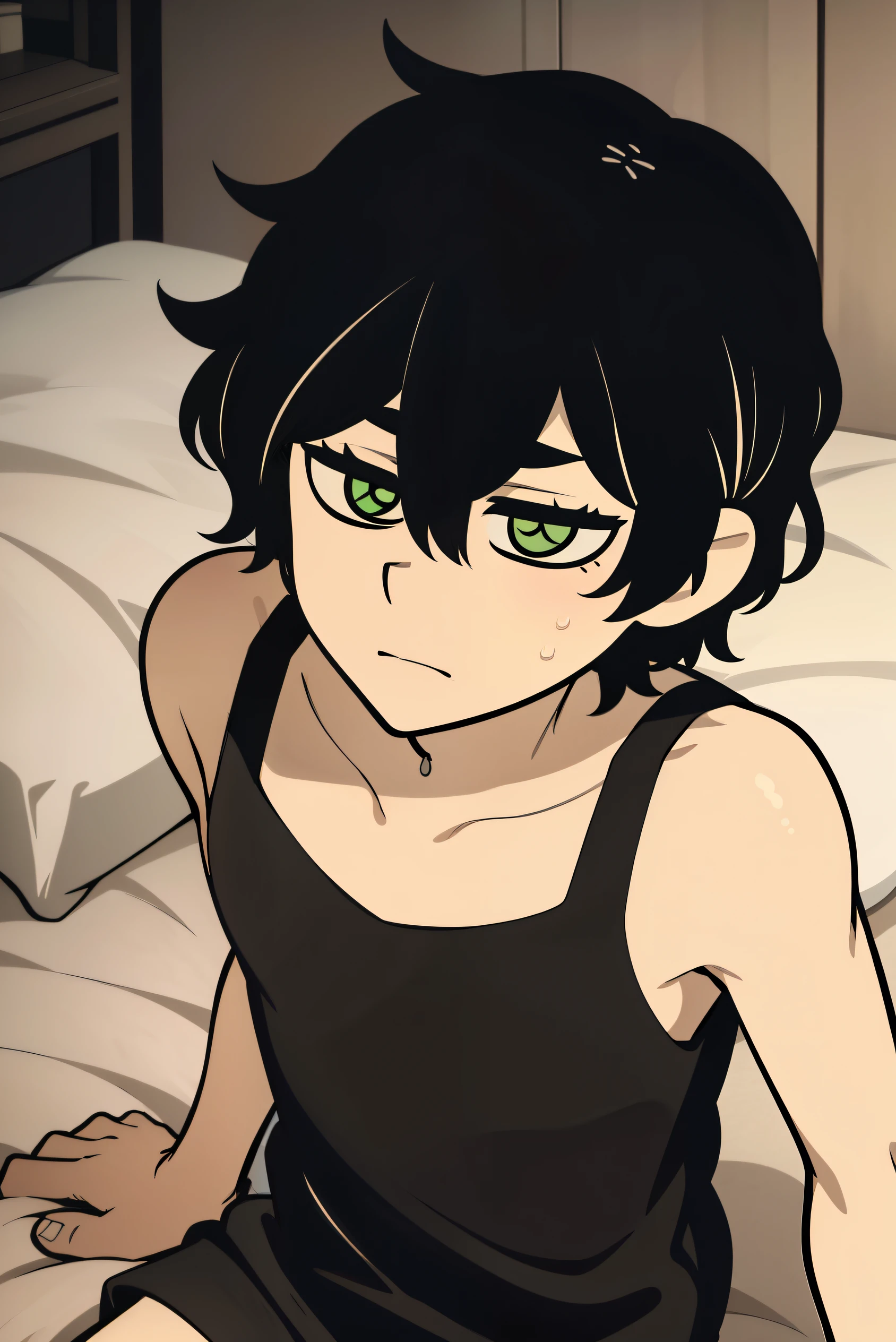 Highres, Masterpiece, Best quality at best,Best Quality,hight quality, hight detailed, Anime style, 1boy, Shota, young boy, Solo person, Young andy graves, hair between eyes, closed mouth,black hair, green eyes, Slim body, messy hair, bright pupils, tank top, lying on the bed, facing sideways, camera from above, upper body, (very young boy), (very small and short body), simple beckground, hansome boy, Uhd, bokeh, sweat