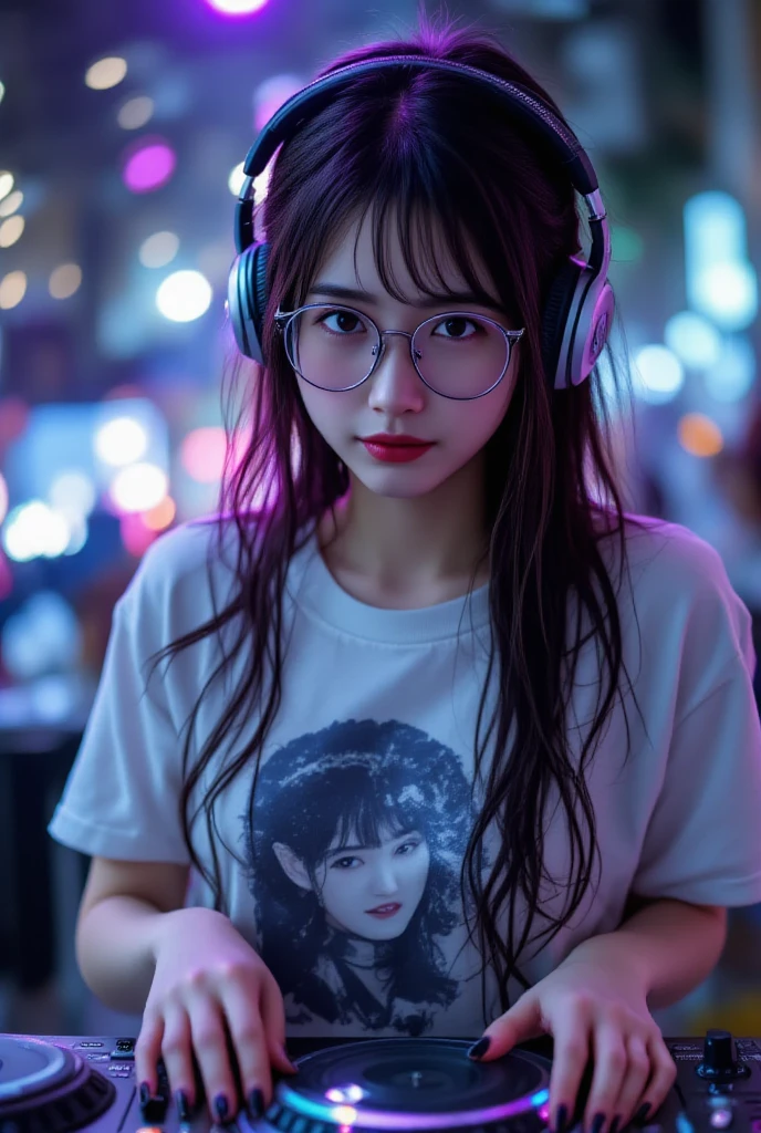 ultra-detailed, cute woman, petite stature, enormous , side milk, white skin, alluring figure, black long messy hair, watery eyes, long uper eye lashes, contemptuous gaze, blush on cheeks,  smile, background((dark and messy gaming room, Server Machine, neon lights, Braces, some computer, notebook)), messy paper, flight, Debris flying, writing border depth, Movie, Finished lunch box, Cup drinks, coffee, seated in a gaming chair, ((engrossed in staring at the computer screen)), ((hands moving on the keyboard)), black RGB gaming headset, Blue jacket, Open shoulders, black short bandeau top, white , , black-framed glasses, (Glasses reflect light from screen), ((screen light)), HDR, Premium shade, Perfect painting, visual art, Perfect art, super detai, from side, atmospheric perspective, chiaroscuro, Best quality, textured skin, ccurate, highres, super detail, masterpiece