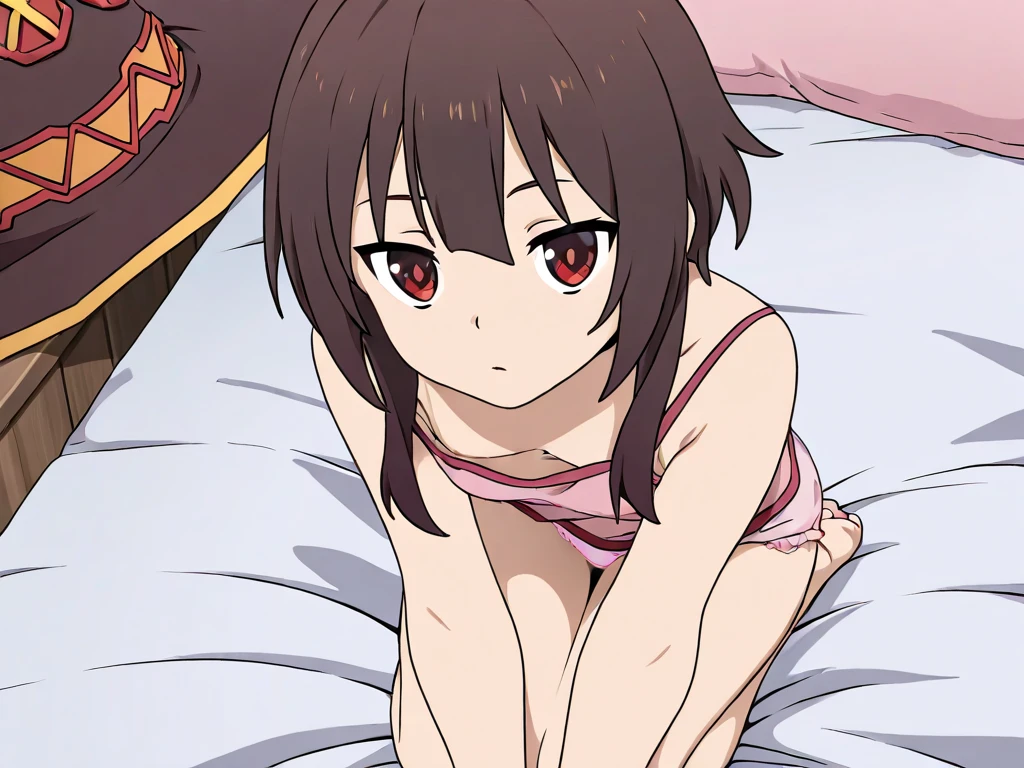 [anime styled],[official art],Tomomi_saikyou,red eyes,black hair,Short hair,Hair Ribbon,NSFW,1girl in,(Portrait),pussy focus,short torso,Perfect Lighting,nude,topless,(nipples),,anime screen cap,Flat color,cel shading,(smile),blush,(underwear:1.2), (strong light)、((brighten the subject)),oily skin,curby:1.2,((lite green panties)),((lying on the bed,reclining)),  break background bedroom,