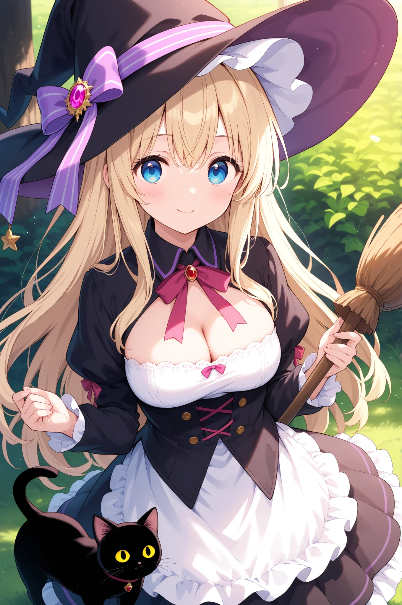 (masterpiece),(best quality),(ultra-detailed),(best illustration),(best shadow),(absurdres),(detailed background),(very aesthetic),1girl, solo, hat, blonde-hair, drill-hair, gloves, breasts, blue-eyes, witch-hat, thigh-boots, thighhighs, boots, elbow-gloves, open-mouth, staff, purple-headwear, smile, dress, full-body, simple-background, cleavage, large-breasts, looking-at-viewer, purple-dress, very-long-hair, purple-gloves, holding, purple-footwear, wand standing-on-one-leg, twin-drills, holding-staff, witch, black-footwear, puffy-sleeves