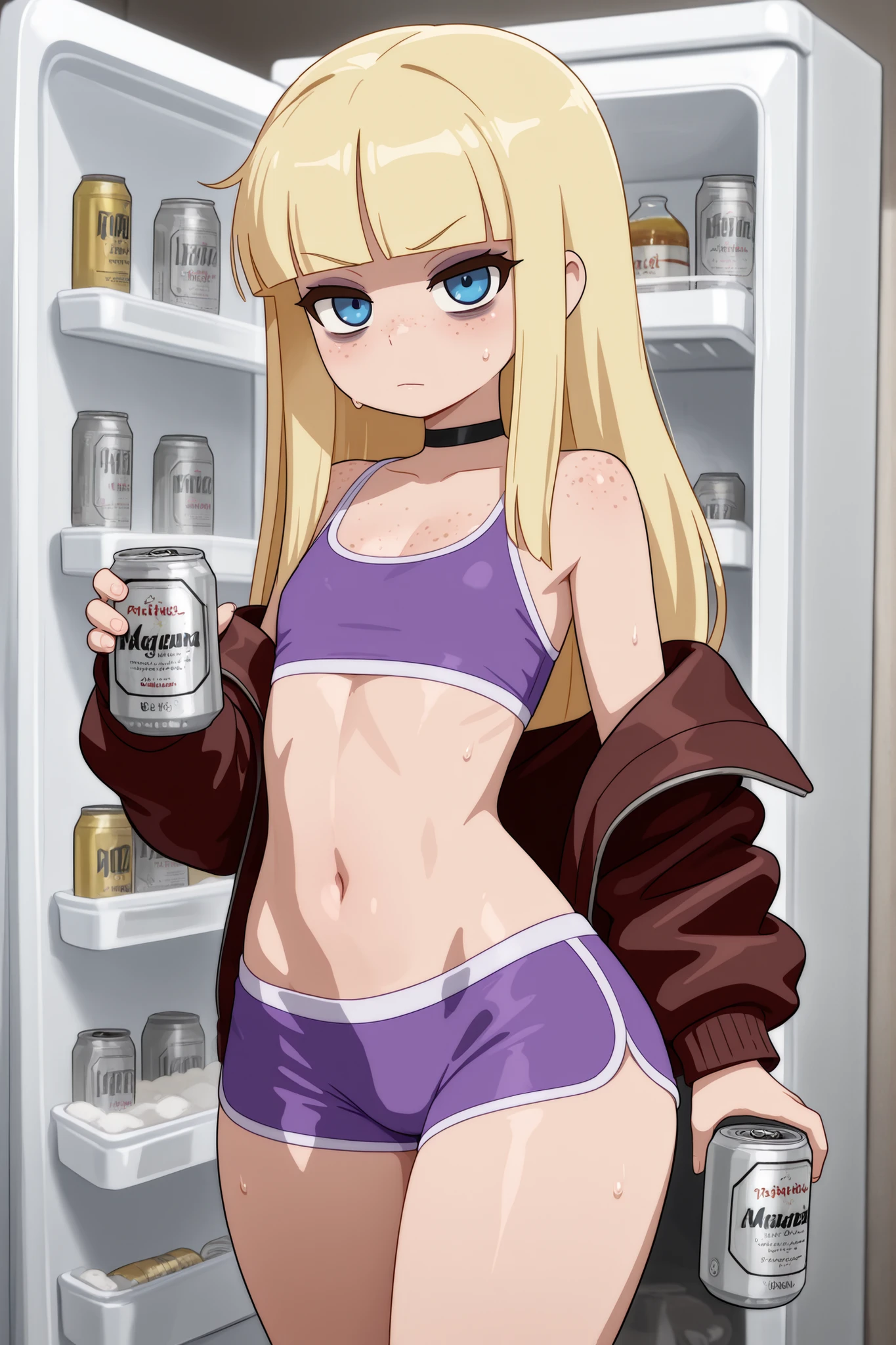Pacifica Northwest, flat breasts, flat chest, skinny, huge hips, long hair, blonde hair, choker , | masterpiece,best quality,amazing quality, 1girl, bags under eyes, jacket, freckles, solo, shorts, looking at viewer, refrigerator, beer can, holding, sweat, underwear only,
