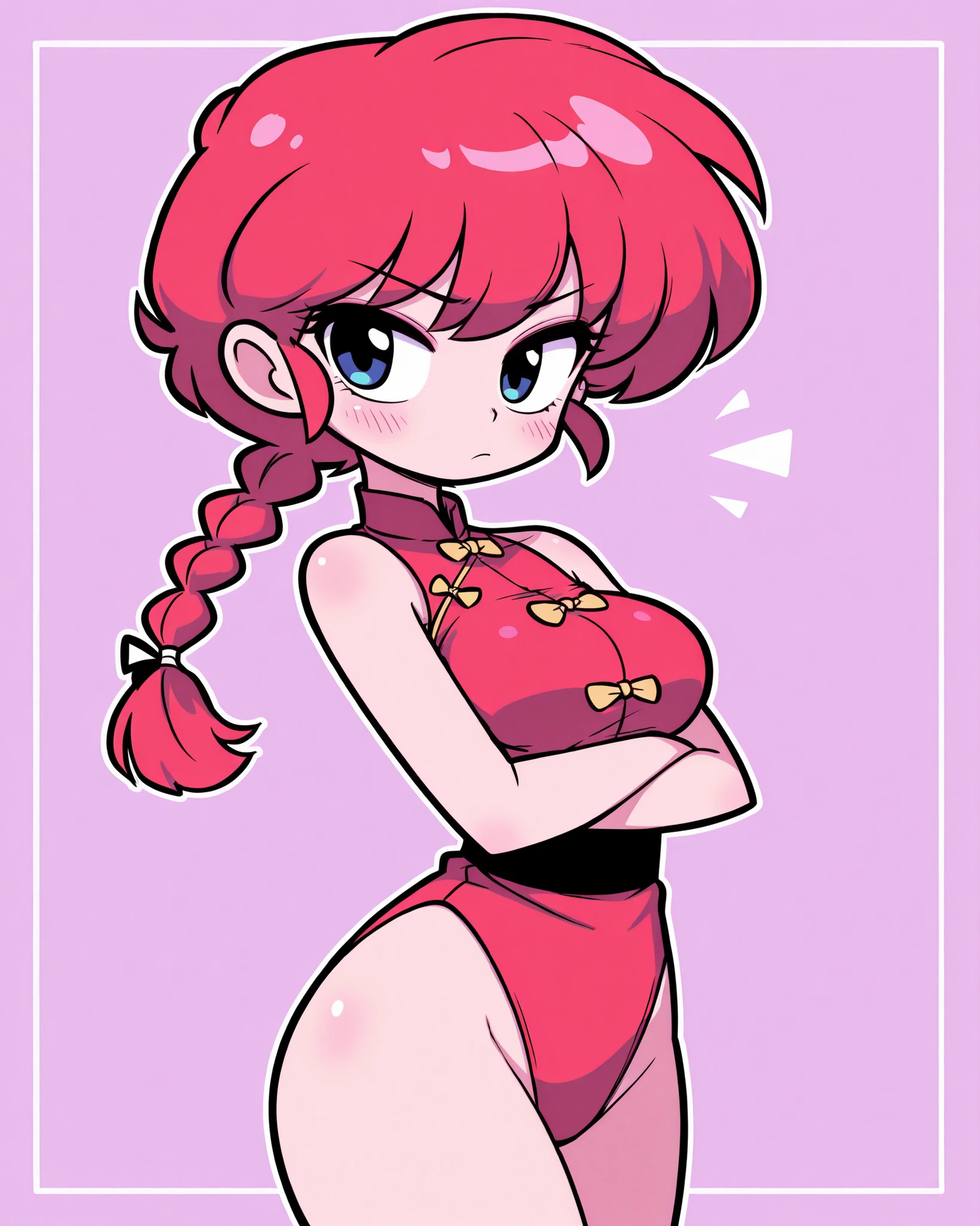 CartoonyIllustrious,ranma, long_hair,red_hair, braided_ponytail, Shojo mode, standing with arms crossed, self-assured and composed, pastel purple background, high detail, soft shading.