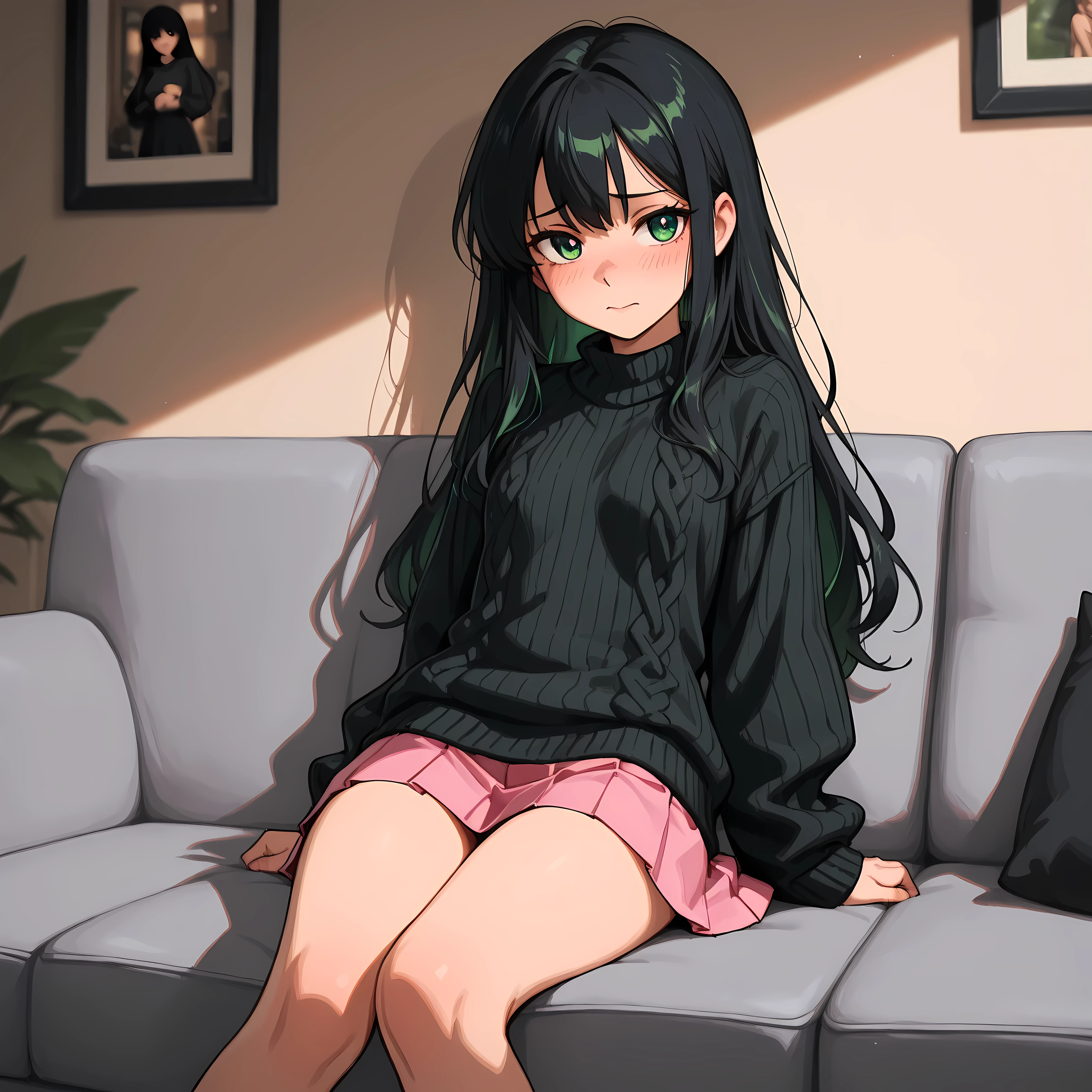 Anime style. One girl. high quality, masterpiece, ultra-detailed
young woman, delicate features, flowing black hair past chest, emerald green eyes, petite figure, oversized black knit sweater, pleated pink skirt, shy demeanor, sitting casually on modern grey couch, soft natural lighting, cozy living room atmosphere, minimalist interior design, gentle expression, indoor photography, warm tones, lifestyle portrait, slice of life, natural pose, soft shadows