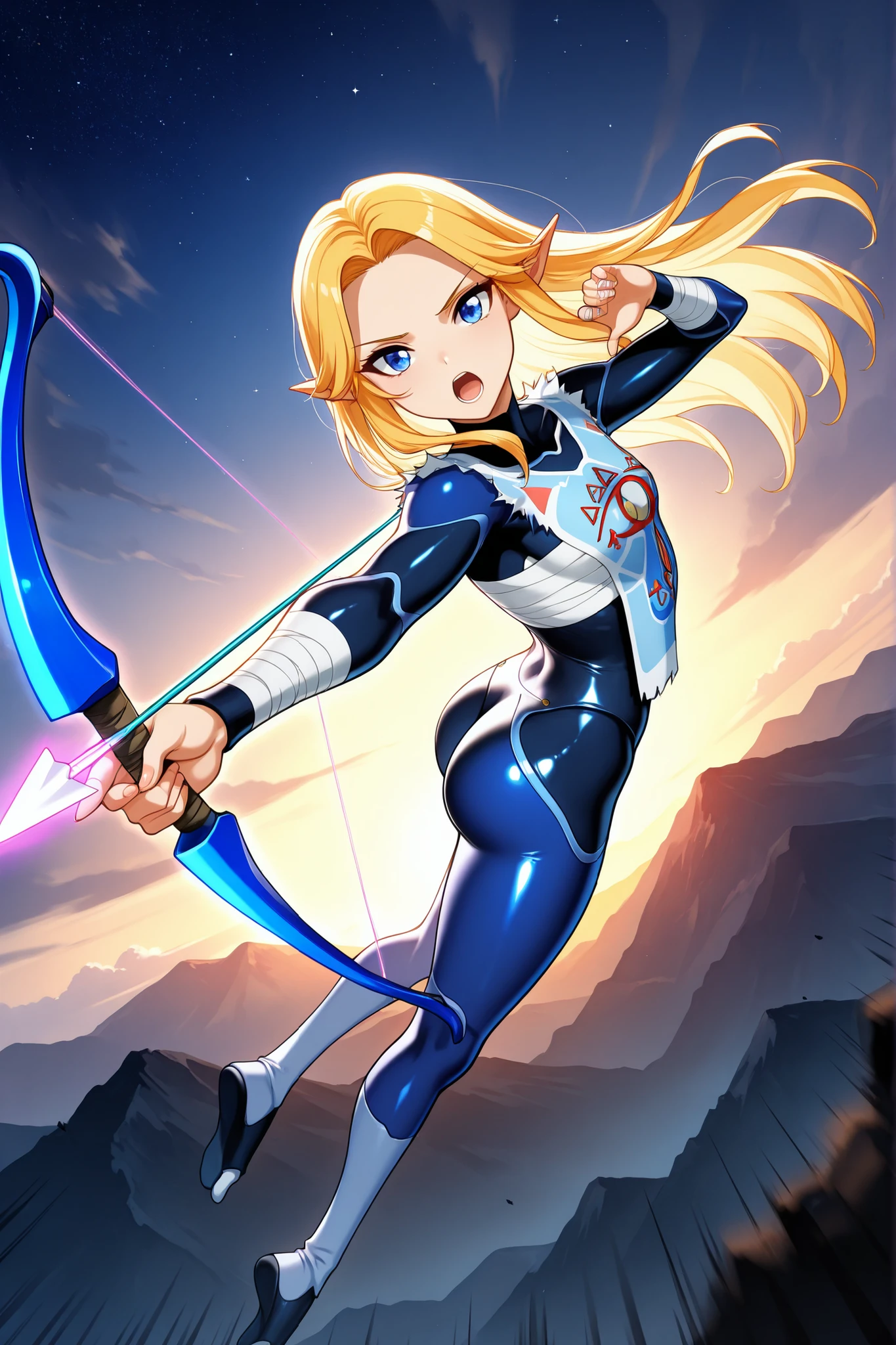 score_9, score_8_up, score_7_up, source_anime, perfect lighting, very aesthetic, intricate details, highly detailed background, masterpiece, high quality, perfect hands, best quality, 4k, upscale, high res, 1girl, solo, slim, skinny, ootshk, blonde hair, long hair, sidelocks, blue eyes, pointy ears, medium breasts, chest sarashi, sarashi under tabard, white tabard, slender female, curvy body, impressive physique, bandages, bandaged arms, dark blue undershirt, dark blue bodysuit, blue ninja tabi, glossy bodysuit, skin tight, nsfw, sexy, absolutely eye-catching, beautiful body, beautiful legs, shiny thighs, upper body, extremely detailed face, perfect lighting, extremely detailed CG, amazing quality, very aesthetic, absurdres, newest, highres, detailed eyes, hd eyes, perfect eyes, detailed face, beautiful face, detailed eyes, beautiful eyes, beautiful starry sky, clouds, mountains, midnight, shiny hair, beautiful reflective eyes, open mouth, looking at viewer, ass focus, high angle, dutch angle, full body shot, longing gaze, latex bodysuit, action pose, dynamic angle, flat chest, perfect ass, hair flowing in wind, holding weapon , bow \(weapon\) , arrow \(projectile\) , holding bow \(weapon\) , aiming , left-handed , drawing bow , jumping , in air, bow emitting magical light aura, glowing arrows of light, arrows made of light magic, serious, intense expression, motion lines, motion blur, speed lines, foreshortening, from below:2.5, skindentation, attacking viewer, incoming attack