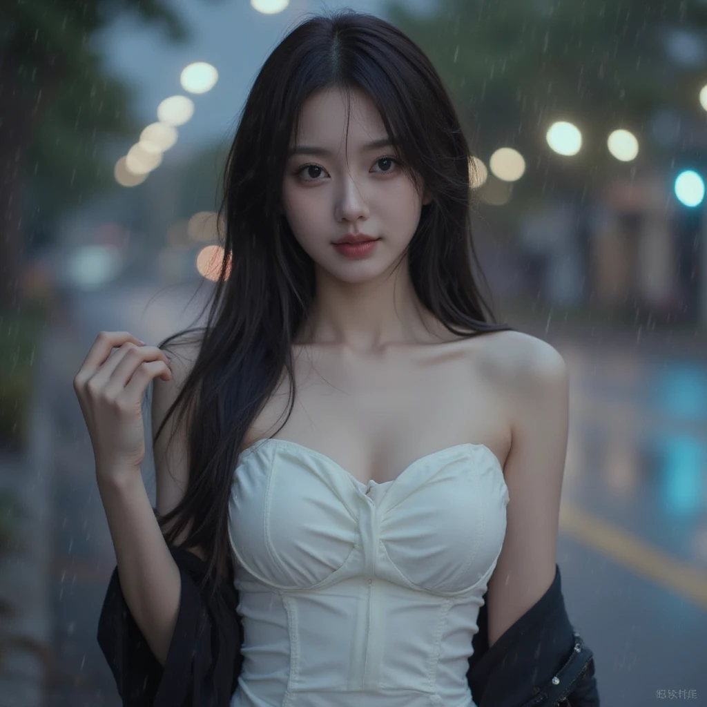 (Top quality, 8K, Masterpiece: 1.3)), cleavage,Focus: 1.2, Perfect body beauty: 1.4, hindquarters: 1.2, ((layered haircuts, Breasts: 1.2)), (Wet clothes: 1.1), (rain, street: 1.3), black short skirt, Highly detailed face and skin texture, Narrow eyes, Double eyelids, Whitening skin, Long hair, (Shut up: 1.3), perplexed