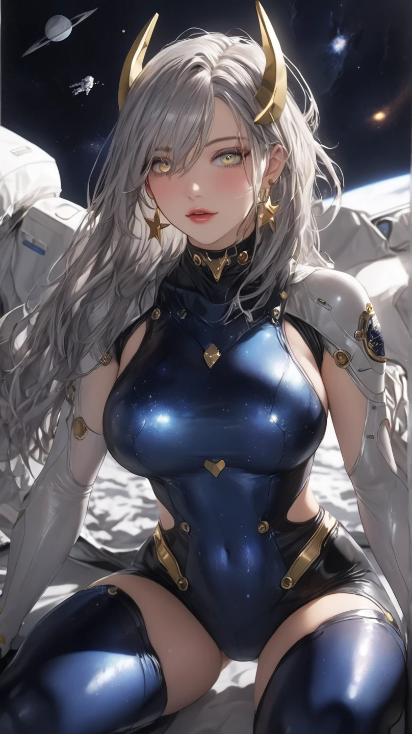 ice blue hair. eula wears a black headband above her bangs with a four-pointed silver, white, and blue hairpin to her left.
Eula's outfit consists of a blue cape on her right shoulder, a backless black leotard covered in white on top, white sleeves, a blue tie, a pair of black gloves with blue palms, blue stockings, and thigh-high boots. Her leotard has a silver symbol of her clan on each hip, and the white cover on top is secured below her breasts with a black belt. Her boots are accented with silver with an additional strap, silver heels with spurs, and blue soles. Her Vision is pinned to the front of her cape. SPARKLE; GLITTER