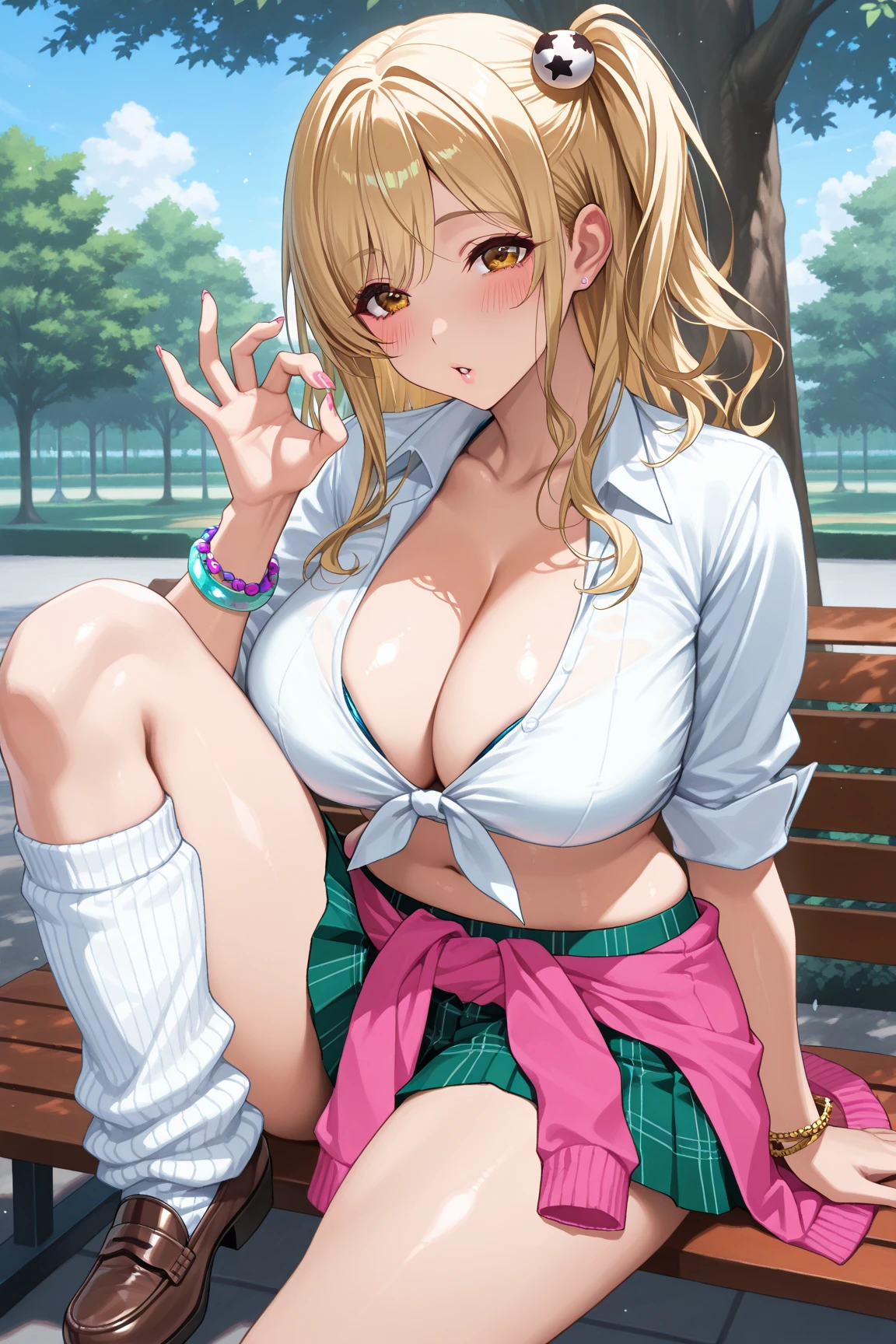Score_9, score_8_up, score_7_up, score_6_up, source_anime, (honoka\(DOA\)), gyaru, slutty_clothes, sitting on bench, (knee up), cowboy shot, fellatio gesture, heart, 1girl, solo, looking at viewer, blush, parted lips, gyaru, front-tie top, pleated skirt, green skirt, white leg warmers, loose socks, loafers, clothes around waist, bracelet, curvy, voluptuous, large breasts, cleavage, midriff, outdoors, park, on bench, day, tree,