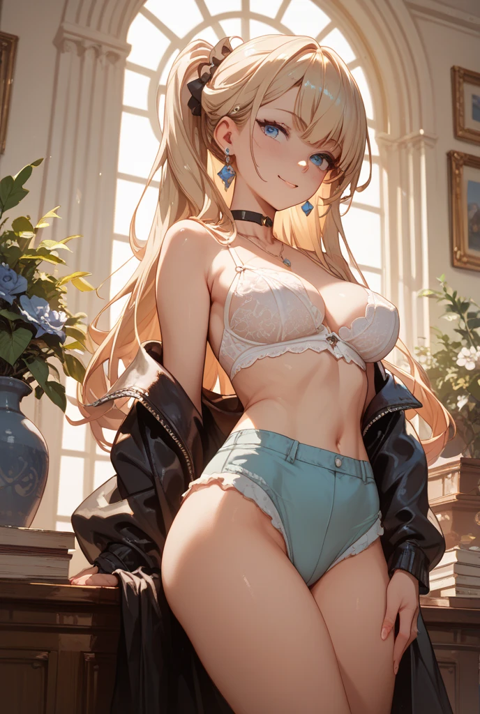 (((1 cat-girl))), solo, (busty hot girl), (blue eyes), (blonde long hair), ((panties)), ((crop top)),