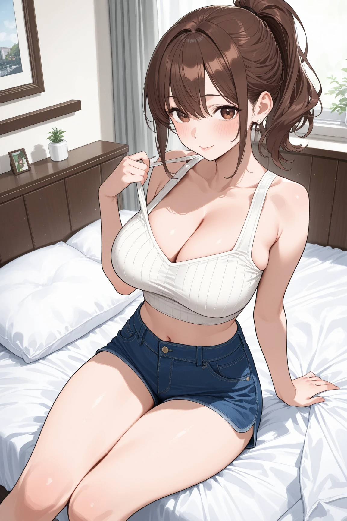 1girl, brown hair, wavy hair, grey eyes, big breasts, (((red bra))), (((jeans)), hand on head, dientes apretados, happy smile, bedroom