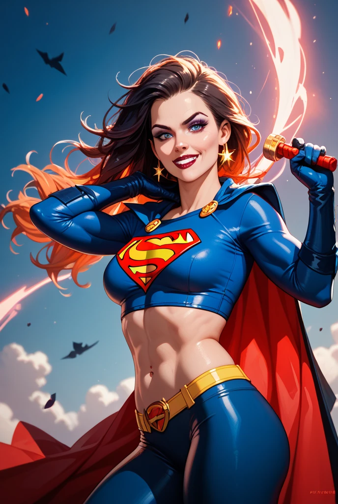 1girl, portrait, comic book style, incredible feminine comic superhero beauty ,wild hair colors, digital art , trading card overlay , smirk , solo , rim lighting , illustrated background , looking at viewer, duskz1