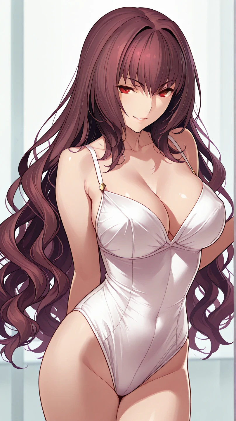 ((Top image quality、hight resolution、crisp image))、(delicate illustration)、8K、((1girl in))、独奏、extemely cute and beautiful、red blush、breastsout、((Sheer white leotard))、((Brown hair、hair wavy、bluntbangs))、(verd s eyes:1.1)、(Colossal tits:1.25)、breastsoutの谷間、Happiness、seducting smile、Slender Abs、 heav breathing、perfect anatomia、perfectly proportions、Seductive Model Pose、Make your audience lean very forward、Put your hands on your hips、细致背景、((Woman Opening Legs))