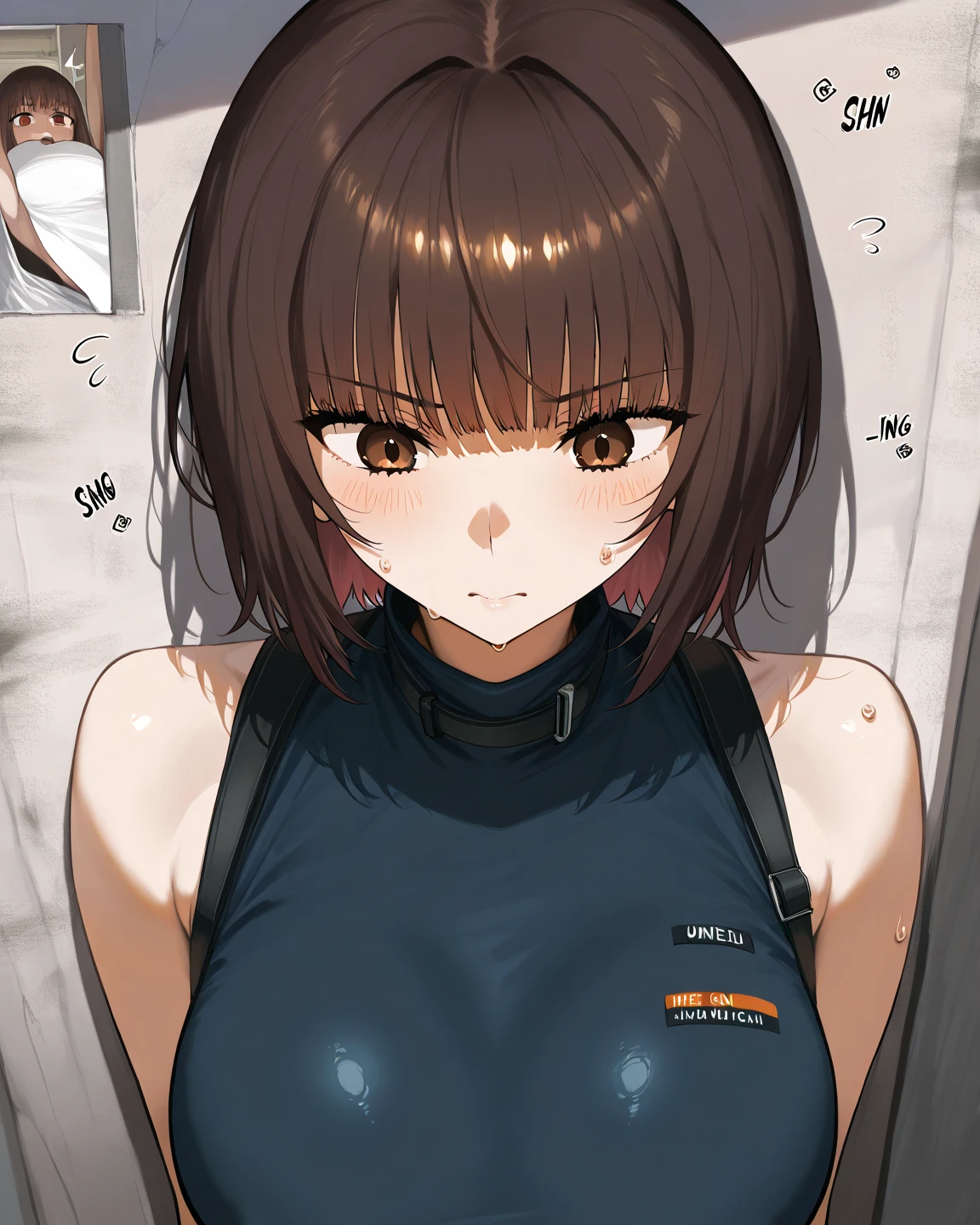 masterpiece, best quality,anime style, 1 girl,(((slender body))), (((small ))),(((Jacket, Open your clothes, , Blue jacket, ground vehicle, Sports , bicycle,buruma))),(((((brown tentacles bound the girl))))), ((((restrained, arms behind back)))),(((()))), (beautiful face), (((short hair))), (((straight hair))), ((((black hair)))),detailed beautiful skin, (perfect hands, perfect )