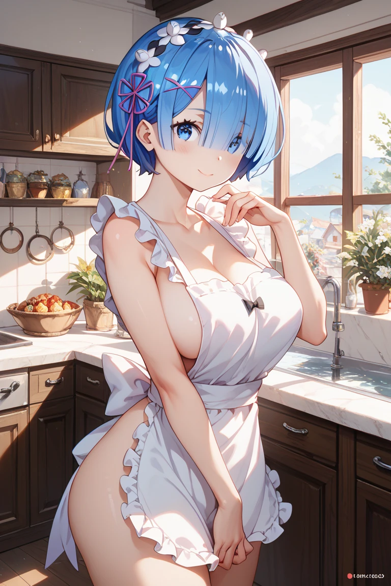 top quality, (Masterpiece: 1.3), (Maximum resolution: 1.2), (Ultra HDTV: 1.2), Cinema light, Ultra HDTV, (Detailed eyes and skin), (Detailed facial features), HDR, 8k resolution, Sharp Focus: 1.2, Perfect style, beautiful face, accurate, anatomically correct, highly detailed face and skin texture, detailed eyes, (1girl), (solo), (light blue hair:1.3), (short hair:1.3) (naked:1.3), (white apron), large breasts, cleavage, (blushing:1.3), in house kitchen