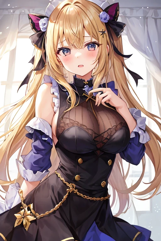 masterpiece, best quality, <lora:SuperCreekMummyCostumeBandagesV1:1>,
1girl,solo,huge breasts, blonde hair, red eyes, very long hair,
mummy costume, bandages,frilled choker, hair ornament,frilled skirt, bandaged head, (hand on own chest), indoors,night