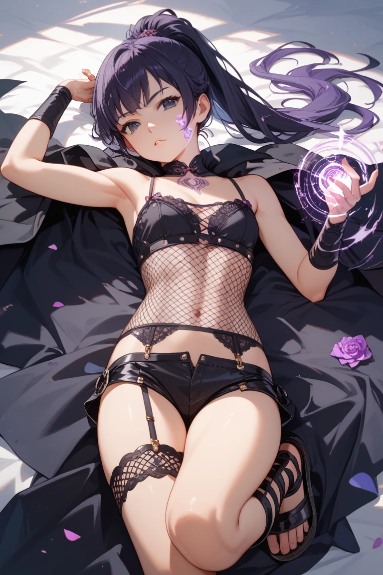 Black Hair, Purple Eyes, Dynamic Pose, Micro Bikini, Side Tie Panty (Dark: 1.2) High Definition, Masterpiece, Best Work, Bedroom