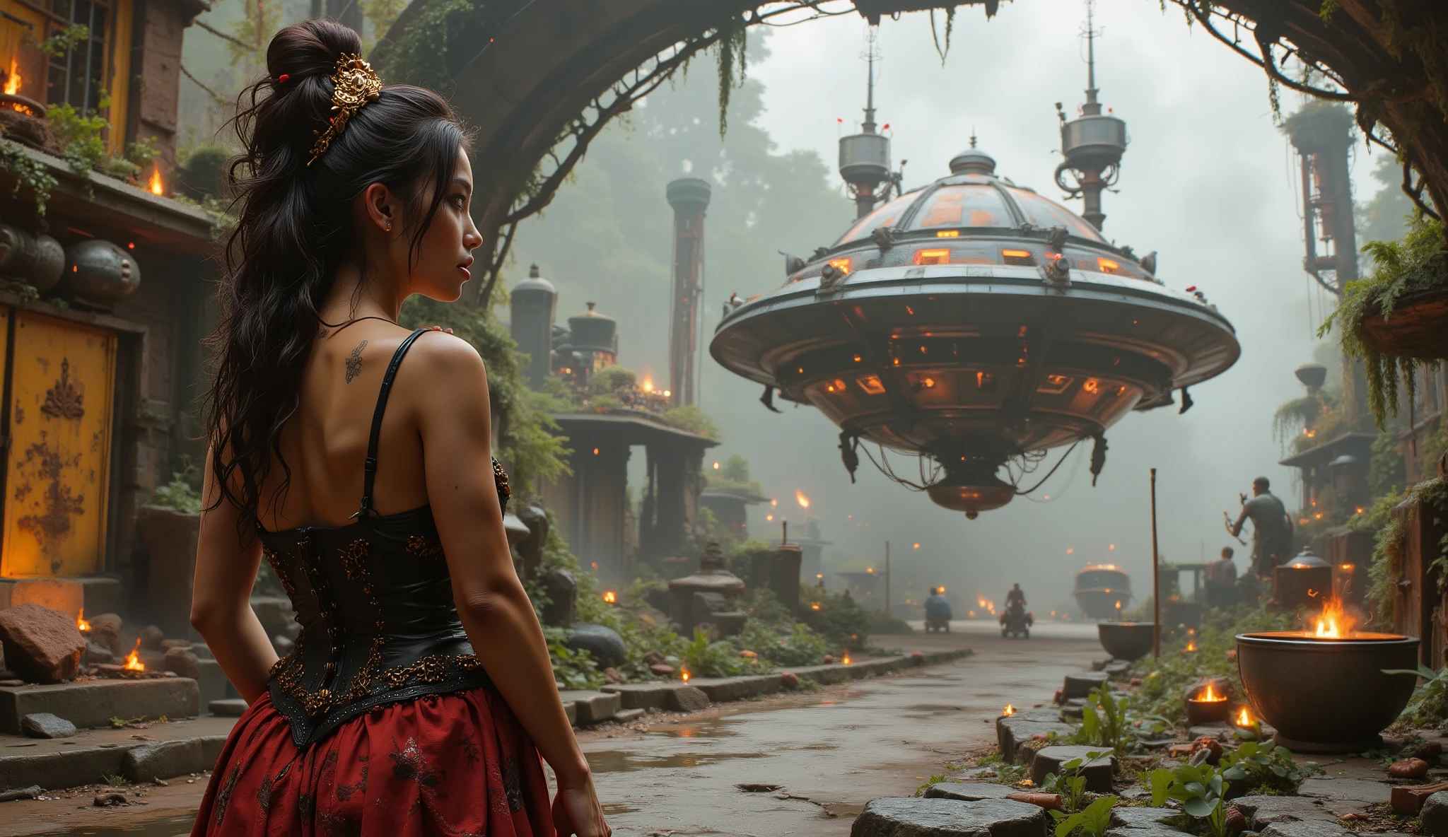 a woman in the foreground looking at a distant hyper realistic beautiful steampunk spaceship floating to a landing on a awesome highly detailed landing pad, octane render, 8k,