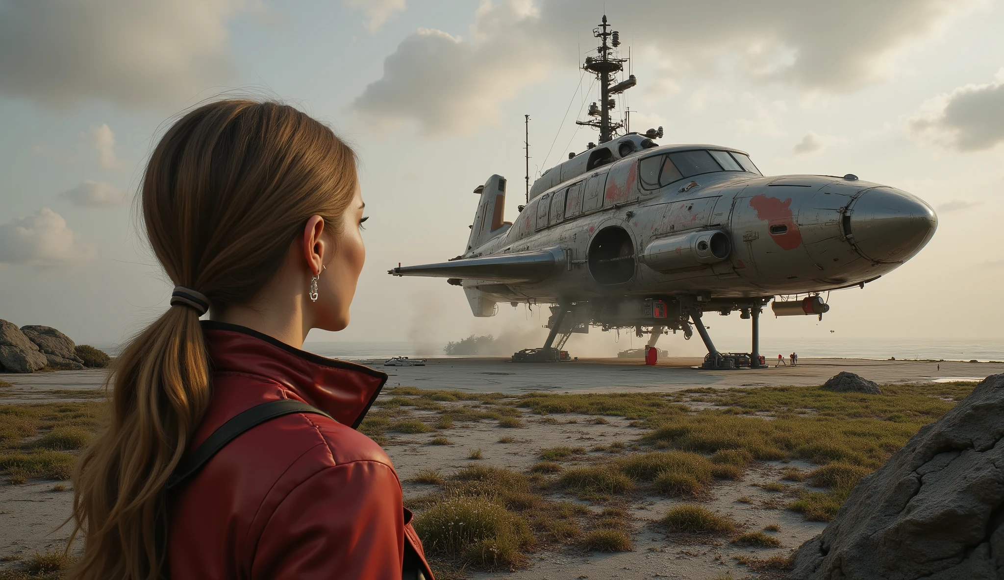 a woman in the foreground looking at a distant hyper realistic beautiful steampunk spaceship floating to a landing on a awesome highly detailed landing pad, octane render, 8k,
