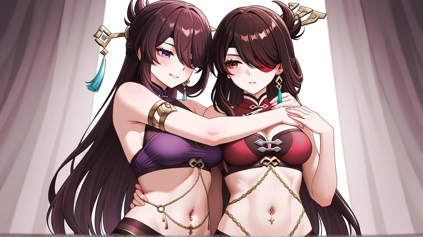 (((2 female, full body shot, (Sonia) and (nessa) hands behind head, on their knees, kneeling, under arrest, ready to be arrested))), (Sonia: side ponytail,orange hair, red hair, heart hair ornaments, aqua eyes, black stockings, black leather harness, black choker, black armlets, bzccostume, blushing, embarrassed, nervous, looking at the viewer), (nessa: dark skin, tan skin, dark-skinned female, hair tied up, single large hair bun, dark skin woman, tanned, darker skin, blushing, embarrassed, nervous, looking at the viewer, black stockings, black choker, black leather harness, bzccostume, Jewelry) (moody background, dark, nightclub background, lots of spot lights, crowds in background), best quality, high detail, (full body shot shot:1.1), ((huge tit:1.8)), ((gigantic cleavage breasts:1.8)), vibrant colors, high heels, Raised arms, detailed background, moisture running down the body, glistening skin, sweating, beads of sweat, breasts prominent, (big breasts, nude, nipples:1.3)