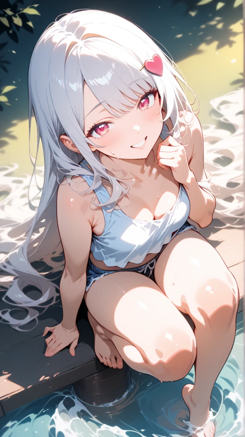 A delicate little loli,White hair,Wearing a white bikini,Swing your legs in an M shape,squatting on the ground,The shape of underwear can be seen in underwear wet with water,The upper body clothes slipped off