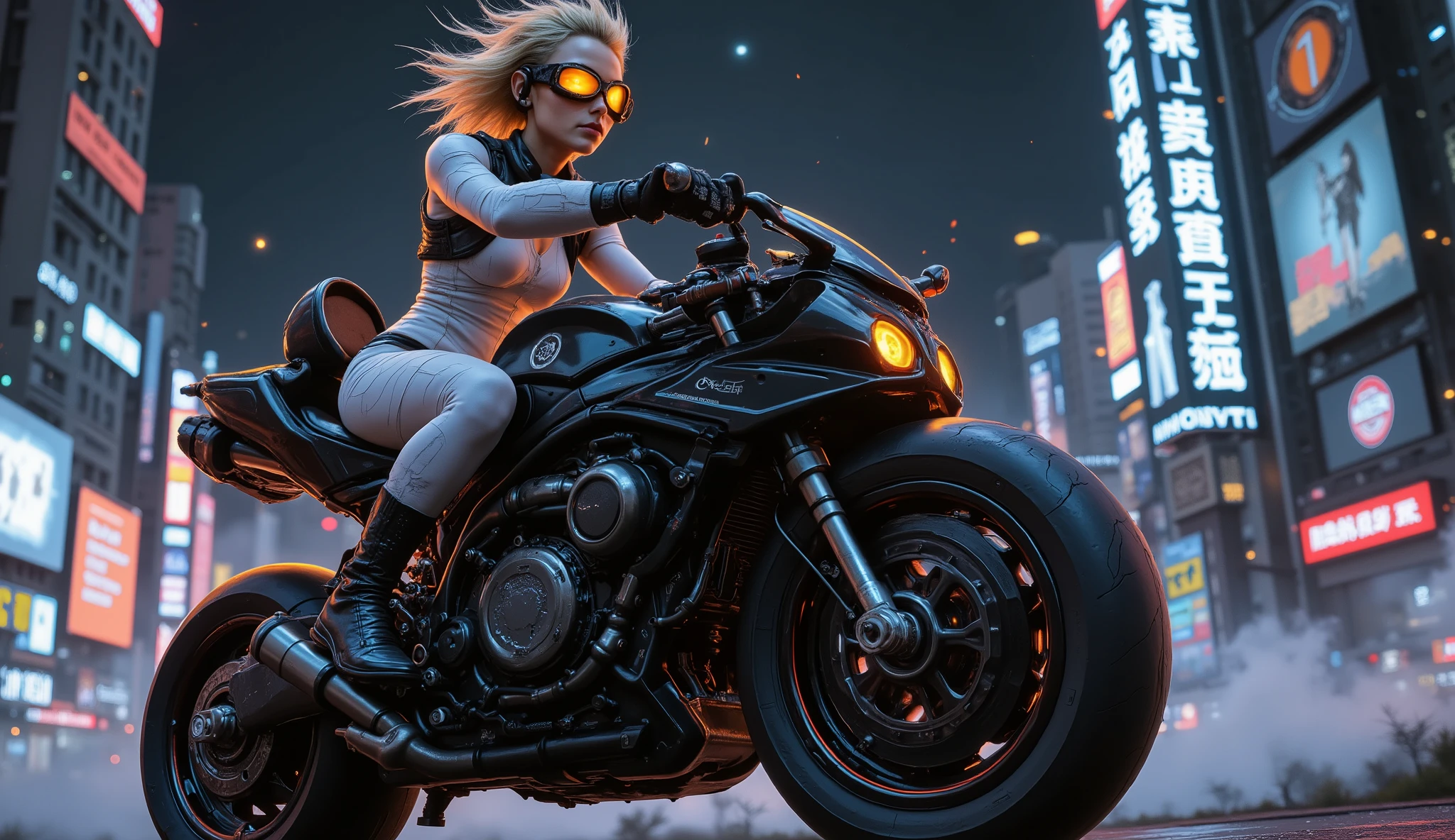 female bounty hunter, dark blonde spiky hair, glowing orange goggles, wearing a white camo fitted dress, riding a floating rugged high powered fusion jet powered black hover jet bike with an aerodynamic design, featuring various mechanical details such as exhaust pipes, large powerful jet engine at the front, yoke handles. The overall design of the bike suggests that it is built for speed and agility, futuristic sci-fi flying machine, armoured vehicle design, neon skyscraper covered city, cinematic lighting, intense atmosphere, neon bill boards, post-apocalyptic tone, survival theme, glowing blue thrusters, clear night, highly detailed, epic composition