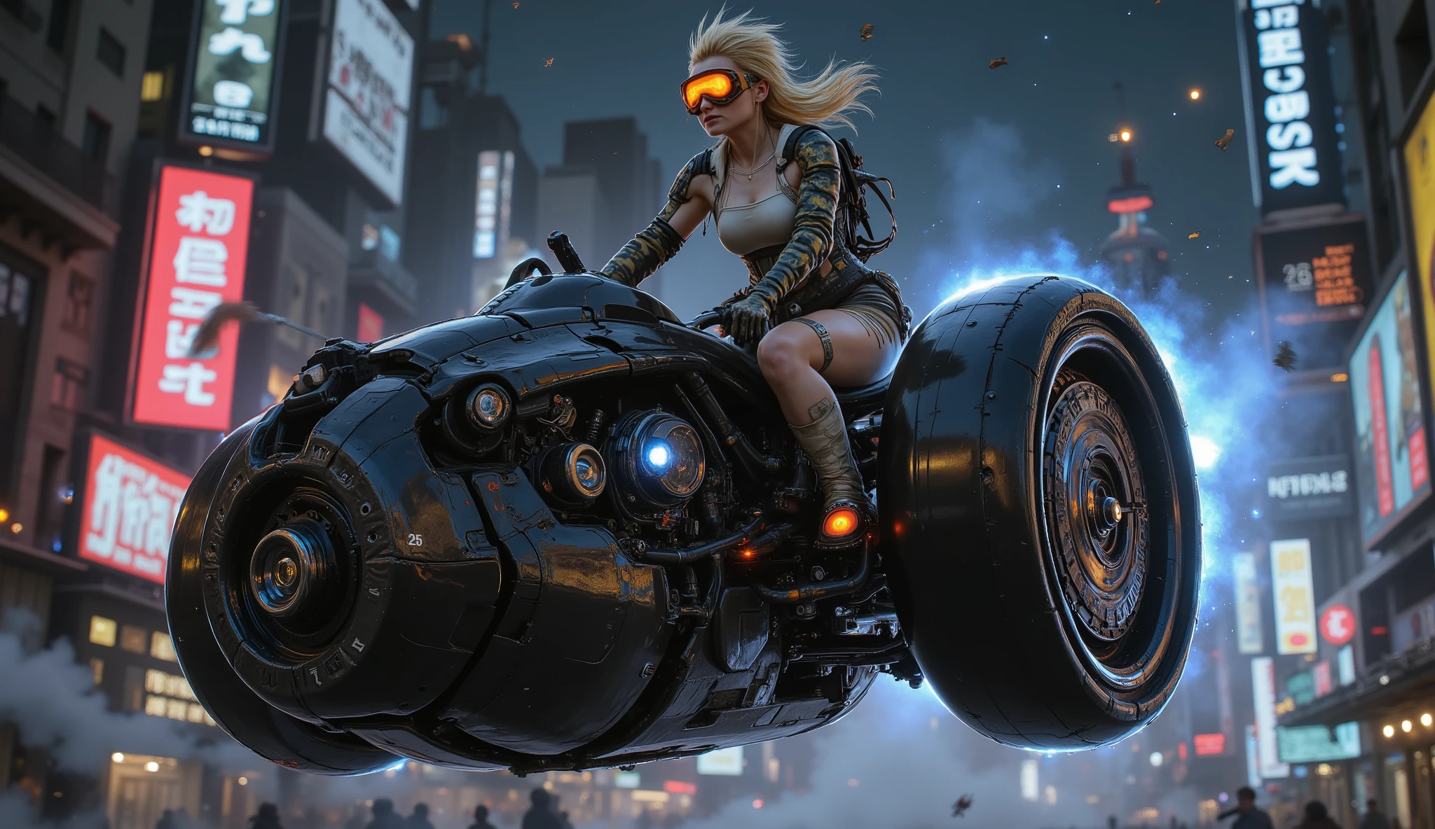 female bounty hunter, dark blonde spiky hair, glowing orange goggles, wearing a white camo fitted dress, riding a floating rugged high powered fusion jet powered black hover jet bike with an aerodynamic design, featuring various mechanical details such as exhaust pipes, large powerful jet engine at the front, yoke handles. The overall design of the bike suggests that it is built for speed and agility, futuristic sci-fi flying machine, armoured vehicle design, neon skyscraper covered city, cinematic lighting, intense atmosphere, neon bill boards, post-apocalyptic tone, survival theme, glowing blue thrusters, clear night, highly detailed, epic composition