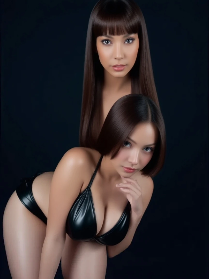 brunette de 32 ans, tanned skin, Longhaire, nue, stocking, sexly, seductive, dark plain background, maquillee
