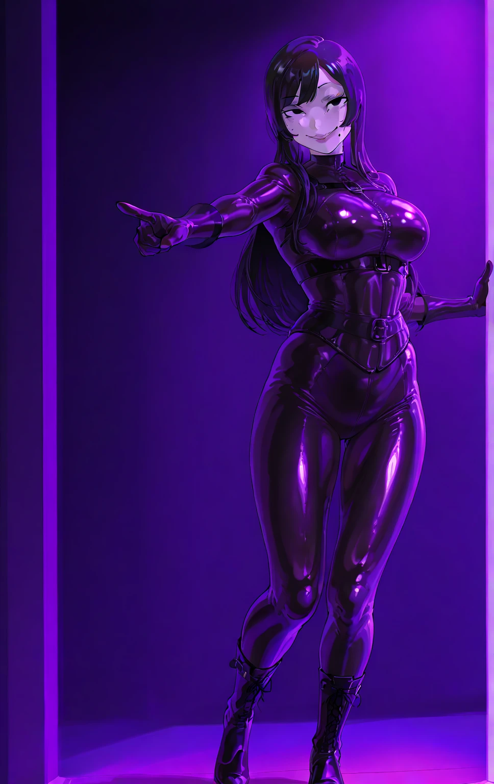 Masterpiece, standing straight symmetrical, full body female drow elf slave wearing an adventurer outfit, black blindfolded, (very purple skin)