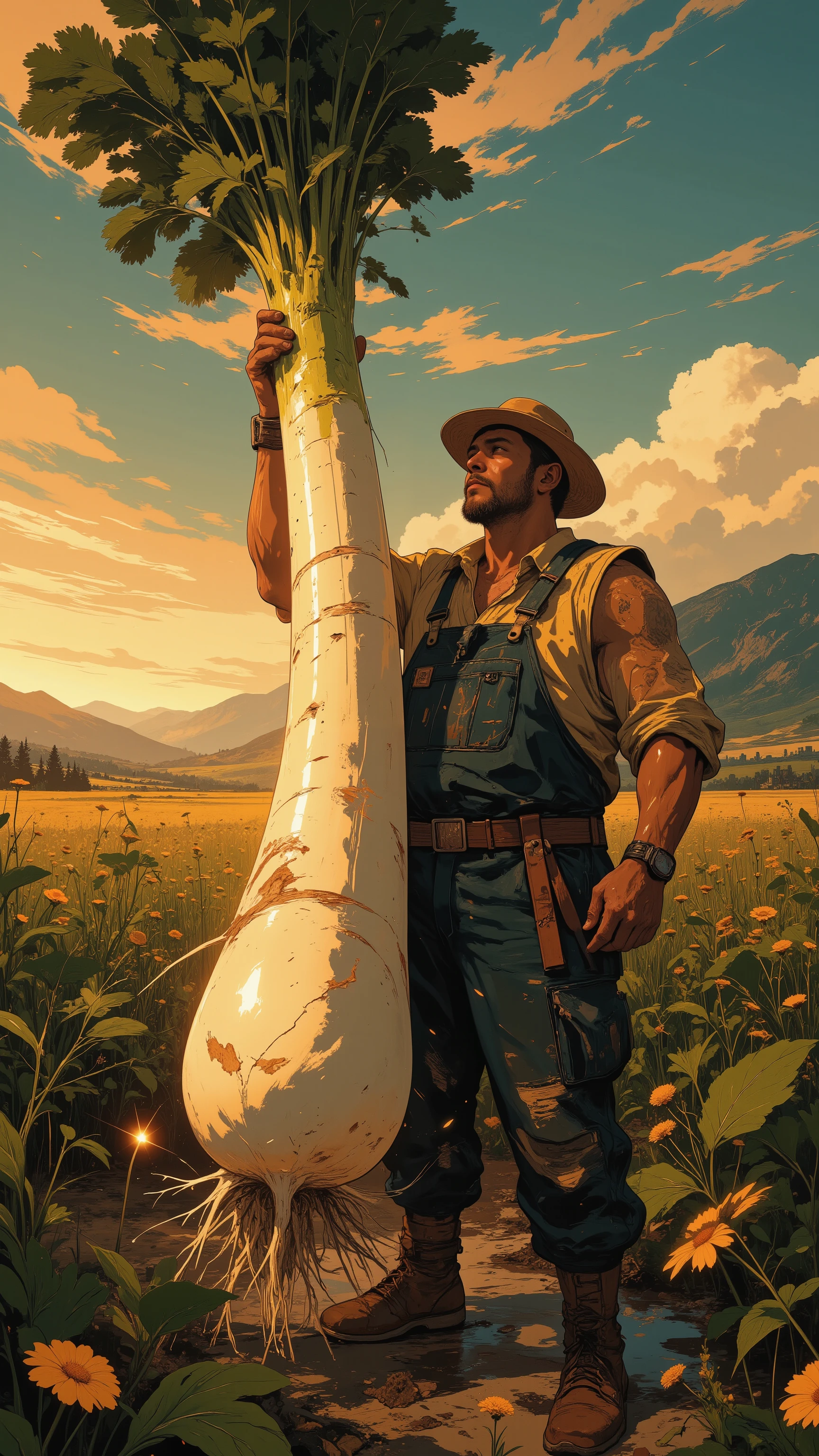 A burly middle-aged farmer, 50th Generation, Slightly Darkened Male,
Straw Hat, A sweaty white towel is wrapped around the neck,
Blue denim overalls stained from work,
Tanned arm muscles, Strong Hand Expression, The daikon leaves are firmly grasped with both hands,
The daikon is held vertically straight up, An Excalibur-like effect,
A proud pose with arms fully extended,
The face is raised, looking up at the daikon, smile full of accomplishment, long White daikon, Fresh leaves,
Black soil dripping from the roots, Droplets of water shining ,
A daikon shining in the setting sun, backlight effect, A rural scene with a vast field, Proud of Vegetables Arrayed in an Orderly, Mountains in the distance,
Golden Dusk Light, lens flare,
Soaring Dirt, Sparkling Droplets , Shooting from a Low Angle, Dynamic Composition,
cinematic lighting effects, cinematic,
Bokeh Background, Emphasis on the subject Artistic comment:
To express the farmer's proud moment、 more dramatically、 A low angle and backlighting from the setting sun were used。 The pose of holding the daikon up was more specific、 This creates the majestic effect of a knight holding a holy sword。low angle ,from below