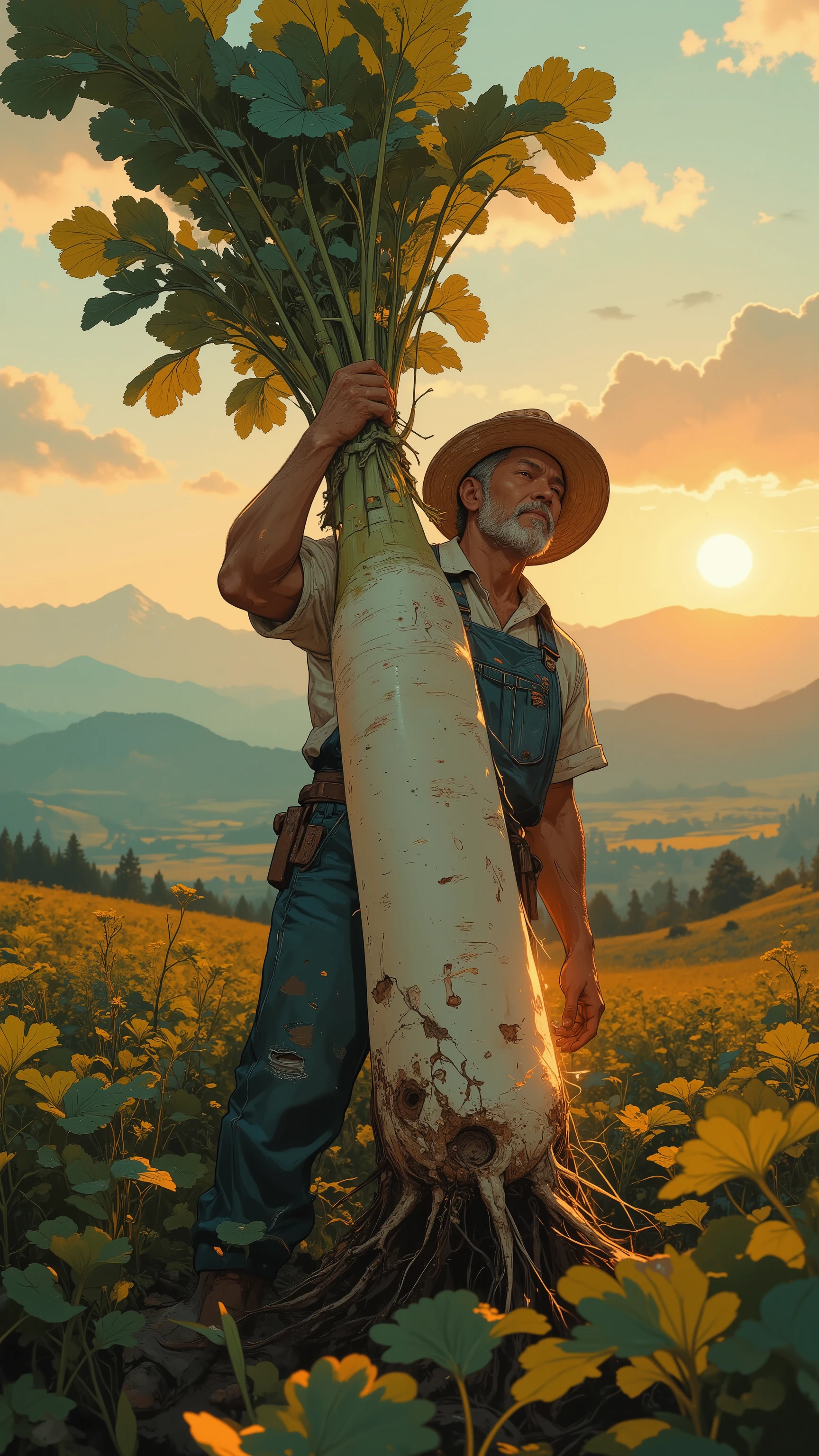 A burly middle-aged farmer, 50th Generation, Slightly Darkened Male,
Straw Hat, A sweaty white towel is wrapped around the neck,
Blue denim overalls stained from work,
Tanned arm muscles, Strong Hand Expression, The daikon leaves are firmly grasped with both hands,
The daikon is held vertically straight up, An Excalibur-like effect,
A proud pose with arms fully extended,
The face is raised, looking up at the daikon, smile full of accomplishment, long White daikon, Fresh leaves,
Black soil dripping from the roots, Droplets of water shining ,
A daikon shining in the setting sun, backlight effect, A rural scene with a vast field, Proud of Vegetables Arrayed in an Orderly, Mountains in the distance,
Golden Dusk Light, lens flare,
Soaring Dirt, Sparkling Droplets , Shooting from a Low Angle, Dynamic Composition,
cinematic lighting effects, cinematic,
Bokeh Background, Emphasis on the subject Artistic comment:
To express the farmer's proud moment、 more dramatically、 A low angle and backlighting from the setting sun were used。 The pose of holding the daikon up was more specific、 This creates the majestic effect of a knight holding a holy sword。