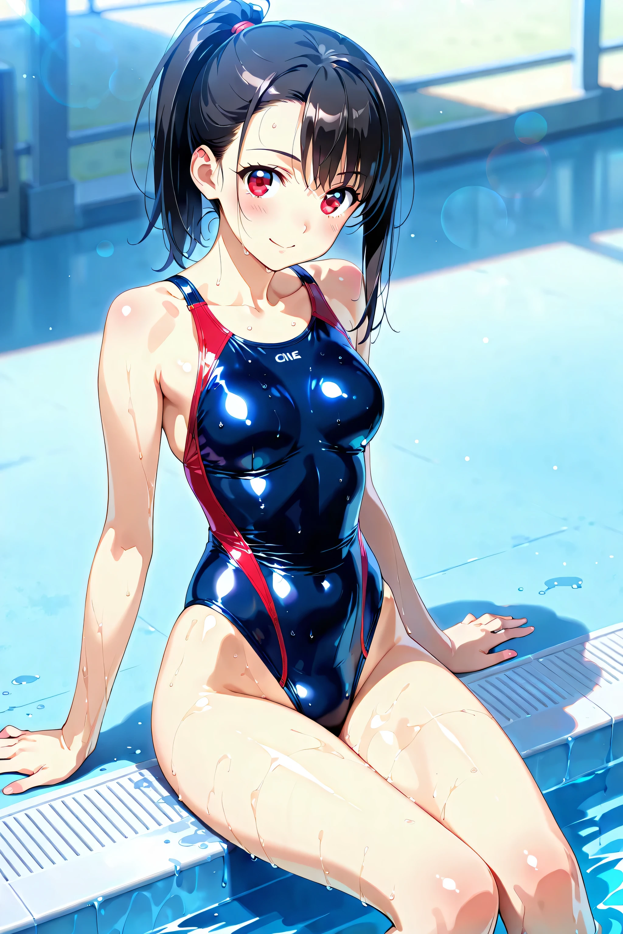 (Swimming Style), (Wet Skin, solo:2, 15 yo curly:1.3 black hair long hair cute girl, cute red eyes, cute open mouth, glossy lips, ecstasy smile, medium tits), (in a One piece swimsuit, Pool Cap), break, in the School swimming pool, BREAK, perfect anatomy, masterpiece, best quality, 16k, beautiful detailed grow, daydreaming expression.