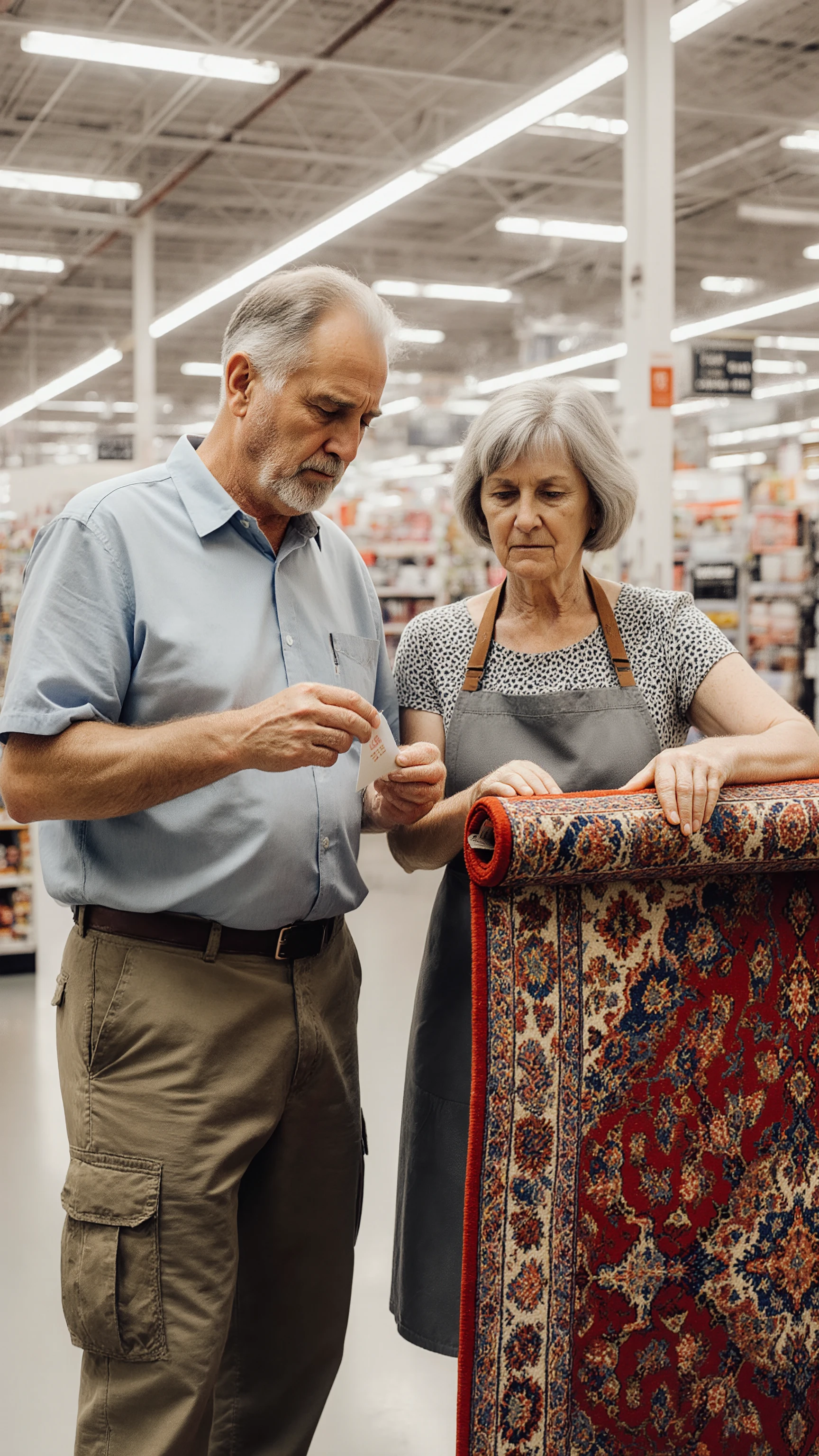 displayed at the carpet corner,
中年husband婦が花柄の赤いカーペットの前で立ち止まる,
husband(50th Generation, short sleeve shirt, Cargo Pants, Tired Expression),
wife(50th Generation, casual dress, apron visible from the outside), Rolled Red Carpet,
on the carpet corner of the home center,
値札を真剣に見つめるhusband,
カーペットの端を手で触って品質を確かめるwife, High Ceiling and Bright Lighting Unique to Home Centers,
bright expression of a wife who just said that product shelves are neatly lined up,
in the background々filled with humor and warmth, husband婦の間で交わされる相談げな表情,
財布と値札を交互に見るhusbandの困惑した表情,
「Let's do this!」と言わんばかりのwifeの明るい表情, Living atmosphere,
Natural Light Representation,
realistic product display,
popular atmosphere,
Everyday Shopping Scene Artistic Comment:
The contrast between a high-class red carpet and a popular home center was expressed in a fun way。husband婦の何気ない日常の買い物風景に、in the couple's casual shopping scene。