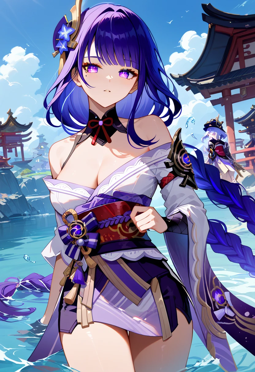 ((masterpiece)), genshin-ganyu, ganyu \(genshin impact\),  1girl, ahoge, architecture, bangs, bare shoulders, bell, black gloves, black pantyhose, ((blue hair)), blush, breasts, chinese knot, detached sleeves, east asian architecture, flower knot, gloves, horns, long hair, looking at viewer, medium breasts, neck bell, night, outdoors, pantyhose, purple eyes, sidelocks, solo, tassel, white sleeves, ((masterpiece)) <lora:ganyu_SDXL10_D64_A1:0.6>