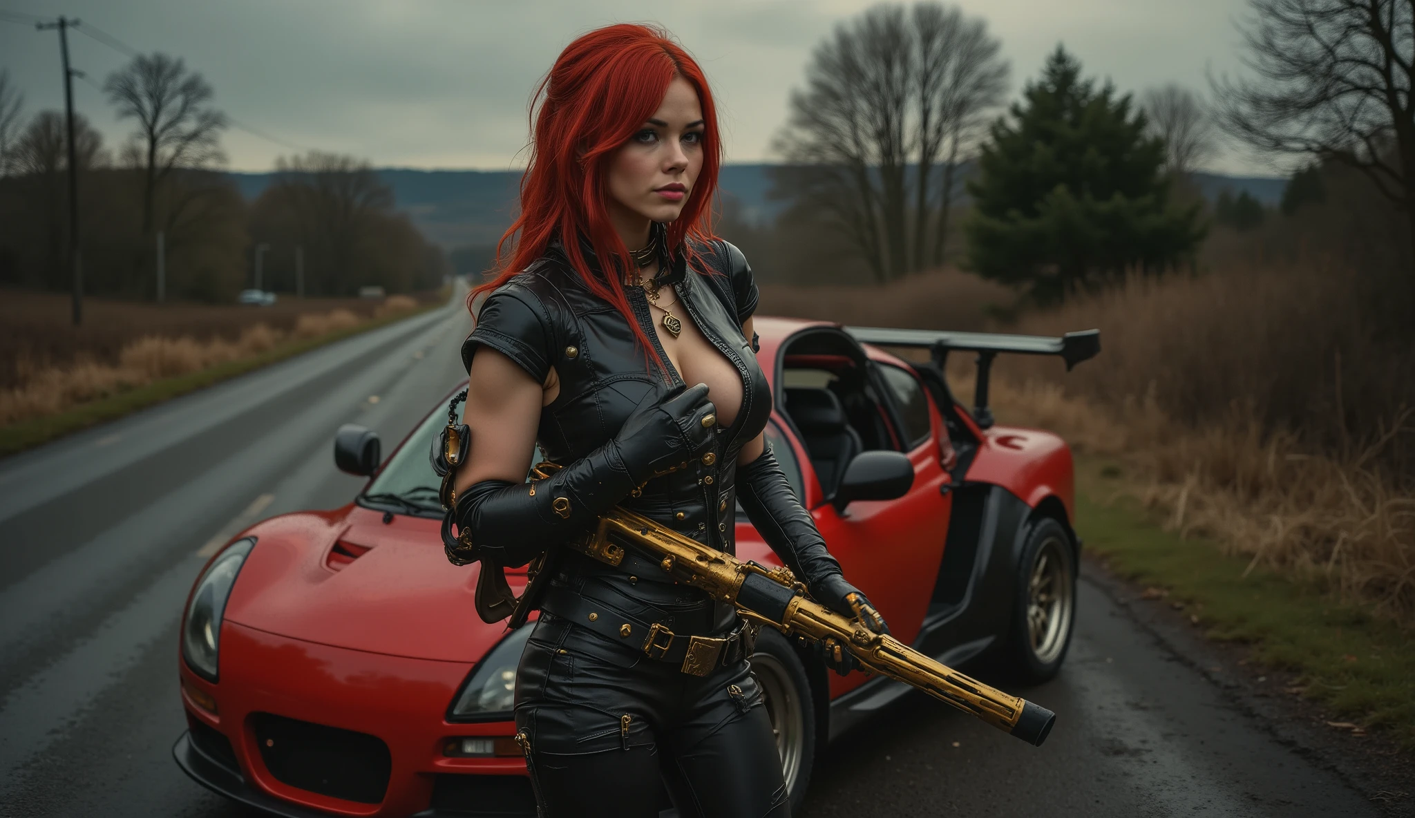 A dark steampunk scene featuring a beautiful red-haired woman in full-body view, wearing black leather clothes. She is holding a short-barrel golden shotgun and standing next to a red sporty steampunk car. The environment is an outdoor rural road with a cinematic moody atmosphere. The photo looks realistic, as if taken with a professional Nikon D6 camera, ultra-detailed, high resolution, dramatic lighting, steampunk aesthetic, sharp focus, photorealistic