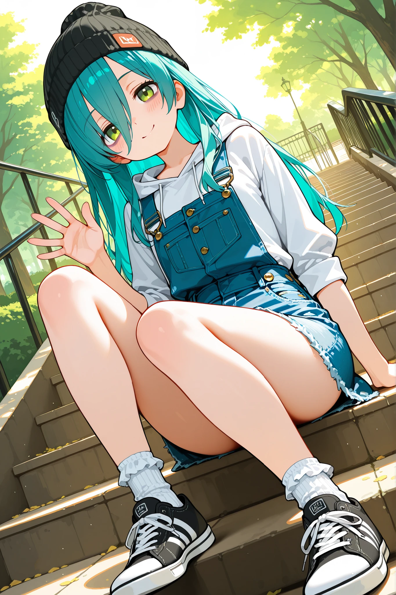 NSFW, 1girl, solo, character focus, close to viewer, from below, dutch angle, dynamic angle, (((park))), (((stairs))), sitting, bend one knee, hooded denim shirt, overalls denim skirt, ankle socks, frilled_legwear socks, sneakers, beanie, blush, happy smile, aqua hair, long hair, green eyes, tareme, bags under eyes, long bangs, flat chest, expressionless, soft lighting, high detail, anime style, {animated painting}, {{{{{five hand fingers}}}}}, {{{{{4fingers and 1thumbs}}}}}, {{{high resolution}}}, {{{best quality}}}, {{ultra-detailed}}, {illustration}, {{an extremely delicate and beautiful}},