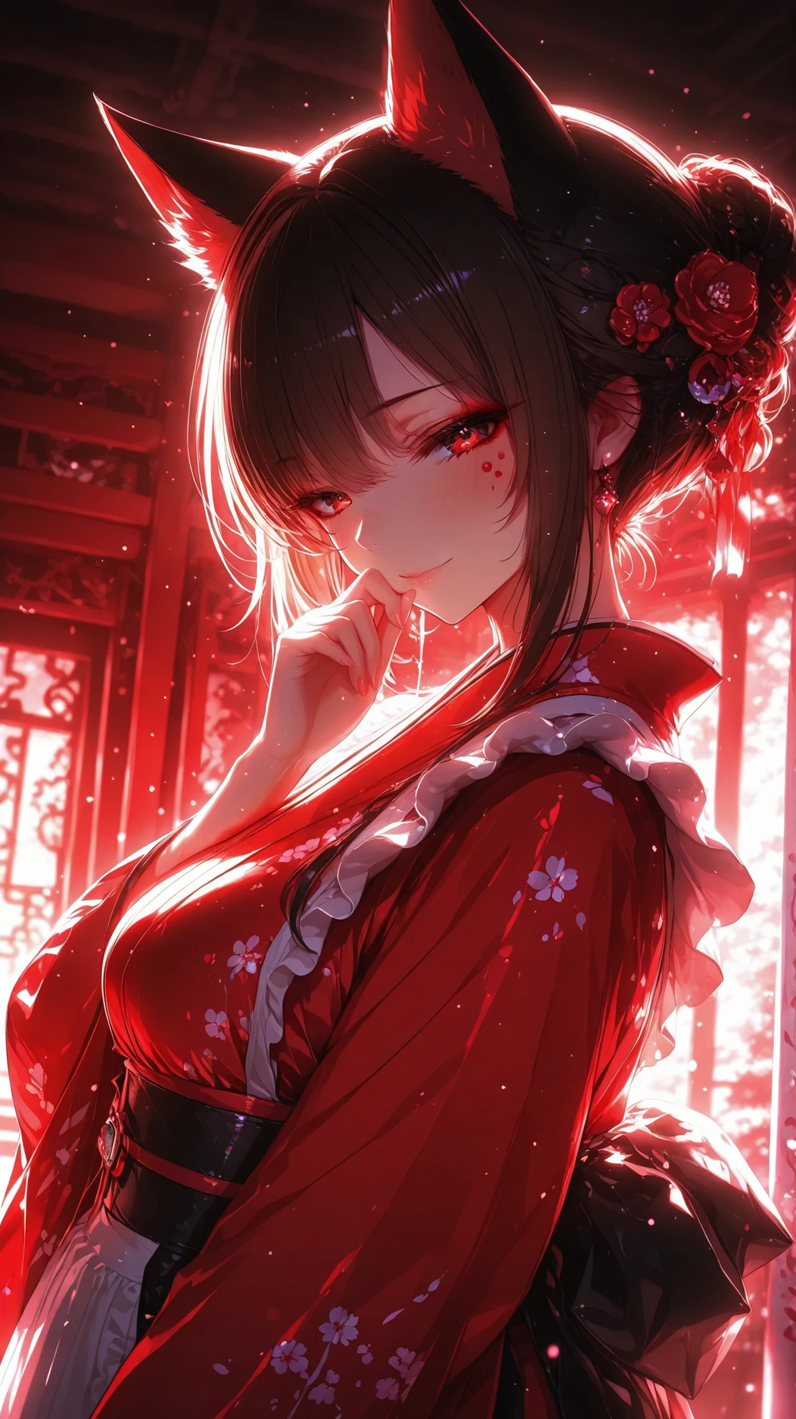 1girl , solo , Fox girl , Japanese Sweets Maid-Style Japanese Tea House Coordinate Set|Favorite Original 2-Piece Set Dress, Apron, Coordinate Japanese Sleeves, Maid, Tea House, Japanese Sweets, Japanese-Western Fusion, reddish brown pencil kimono , High Waist Takamin , beautiful face,perfect face,highly detailed beautiful face and eyes,attractive face , ample bosom , flipped bangs , low bun , braided ponytail , beauty mark , squinched eyes, cold eyes, half-closed eyes, tsurime , eyes reflection , slit pupils , bewitching smile , dignified face , Tempting sensuality , hand over own mouth , sexy pose , demure , from side ,
break ,
( ambient occlusion:0.9 ) , masterpiece , best quality , ultra-detailed , high resolution , extremely detailed CG , unity 8k wallpaper , super detailed skin , perfect anatomy , detailed beautiful face , detailed beautiful eyes , highres , chiaroscuro , highly detailed background , elaborately designed clothes , dramatic lighting , dramatic angle , light particles , ARW ,