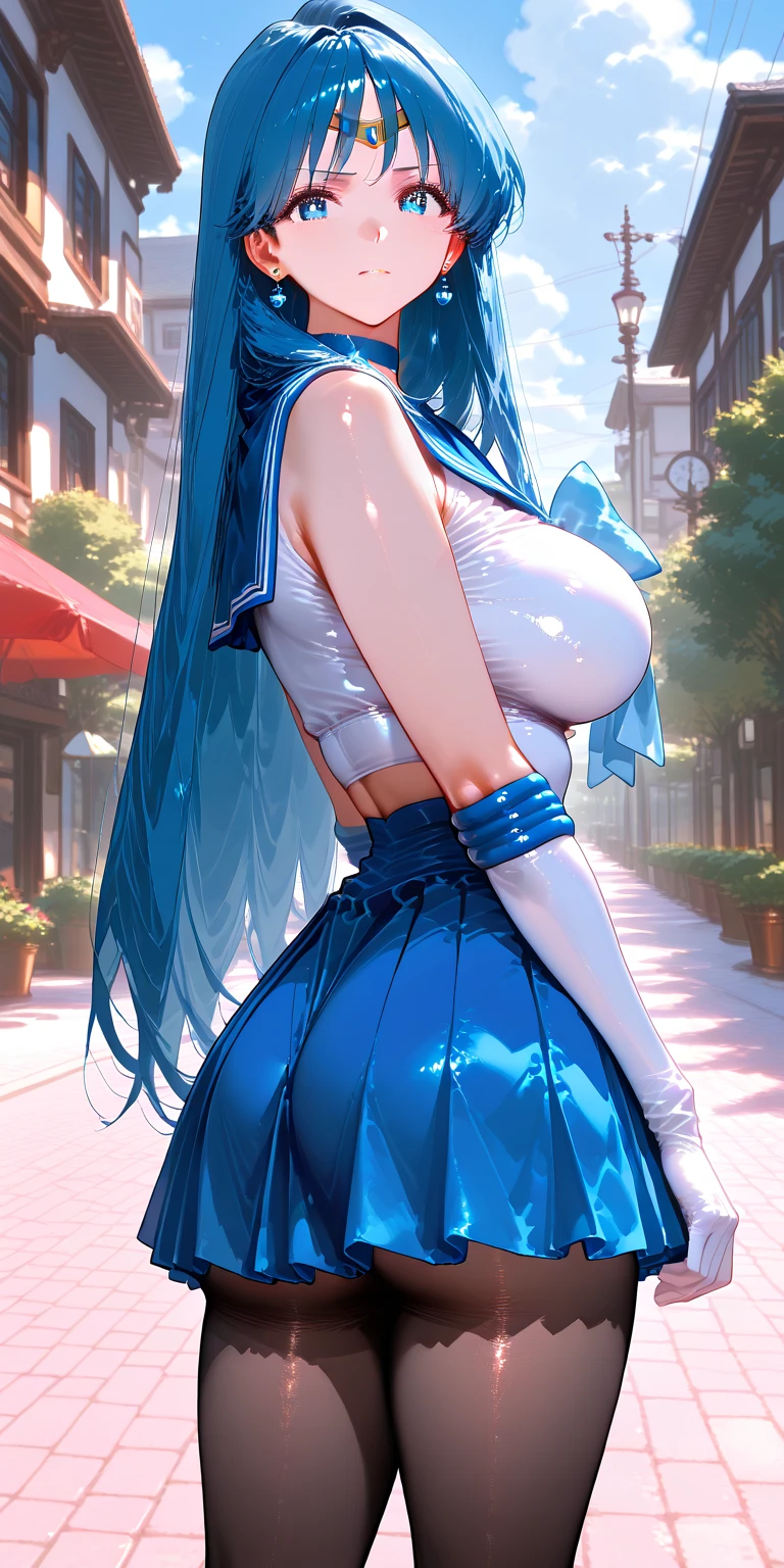 solo, 1girl, ksaqua, grin, looking at viewer,  hair rings, blue shirt, bow, detached sleeves, skirt, thighhighs, bare shoulders, outdoors, city street ,naked tits,show ass