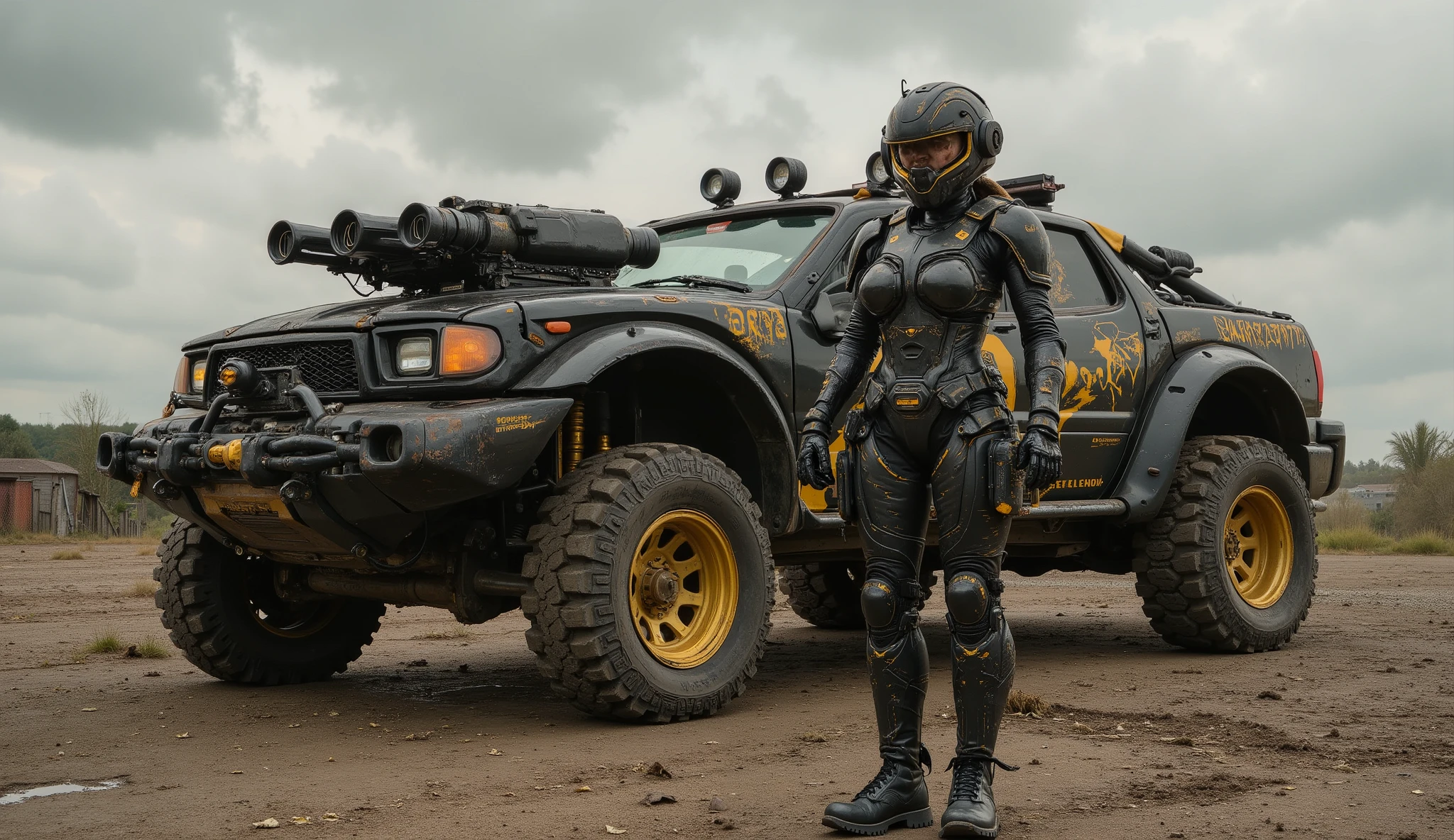 A female warrior in mechanical armor stands next to an oversized black and gold aeronef ovni, wearing vantablak helmet and holding weapons.. She is dressed in combat boots, with detailed high-definition portraits, in a science fiction style and cyberpunk background, set in an apocalyptic world. The car has four large industrial tires on the side of its big rear wheel, and it also features machine guns.