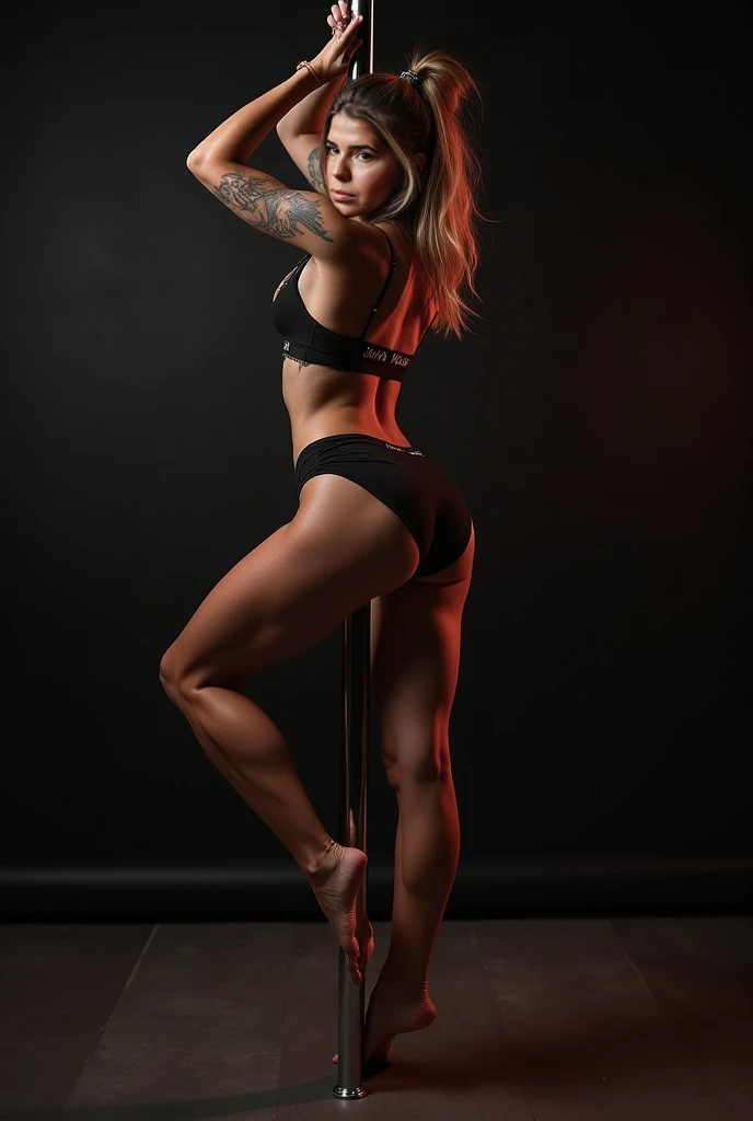 Athletic, blond, young woman, nude, pole dancing, in dark bedroom, seduction