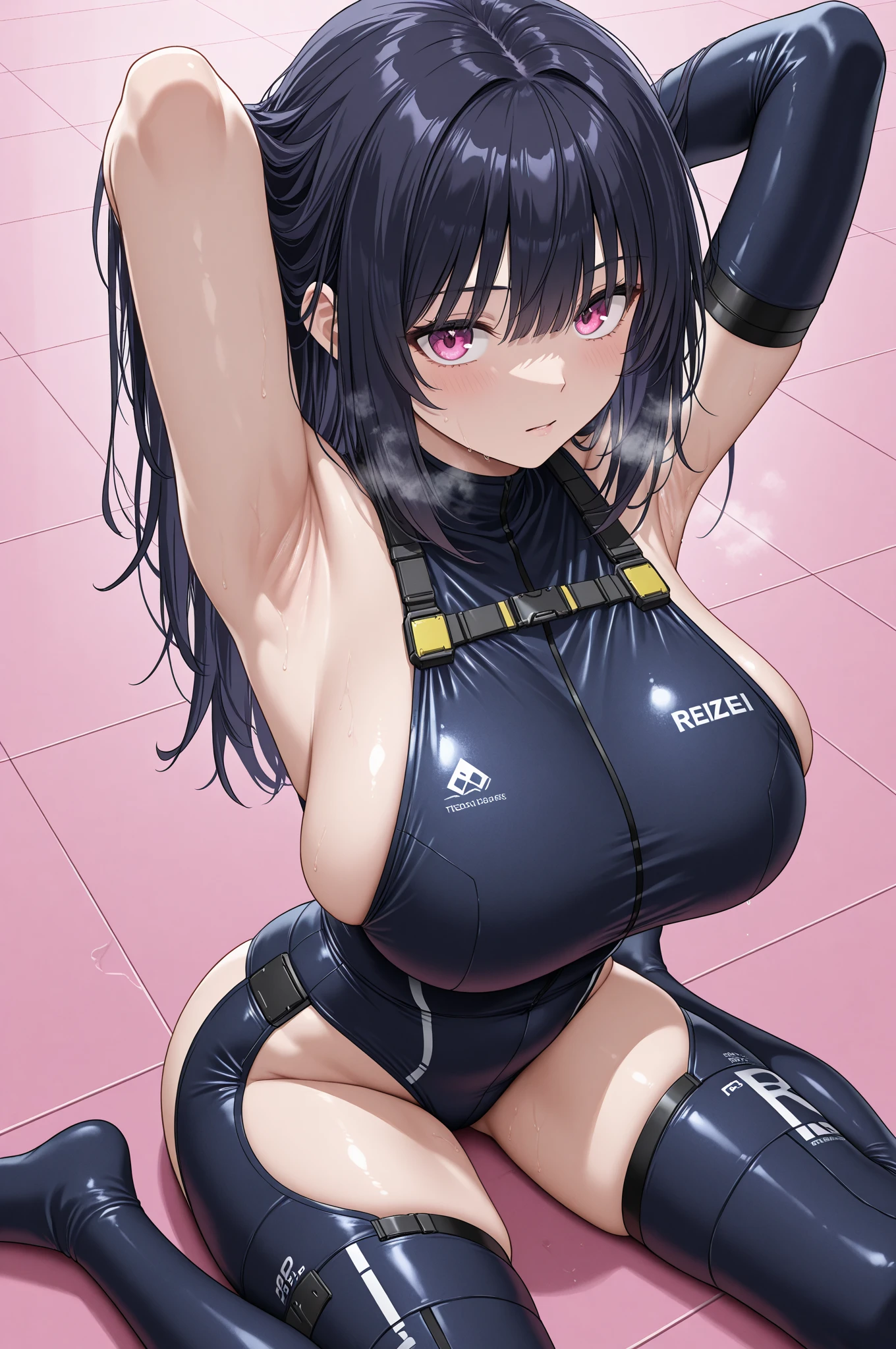 (Perfect body),Best Quality,(8K Portrait),(anime screen cap)、((Police Woman))、 srestrained,blush,Sweat,((large udder)) ,((puffy niples))、(Dark hair),((bob cuts))、Yellow eyes、Tied wrists,(thick thighs),((Navy Blue High Leg Swimsuit ))、 Woman、((A smile))、Cowboy Shot、((Salute))、((all-fours))、((Wink))、Sleeveless