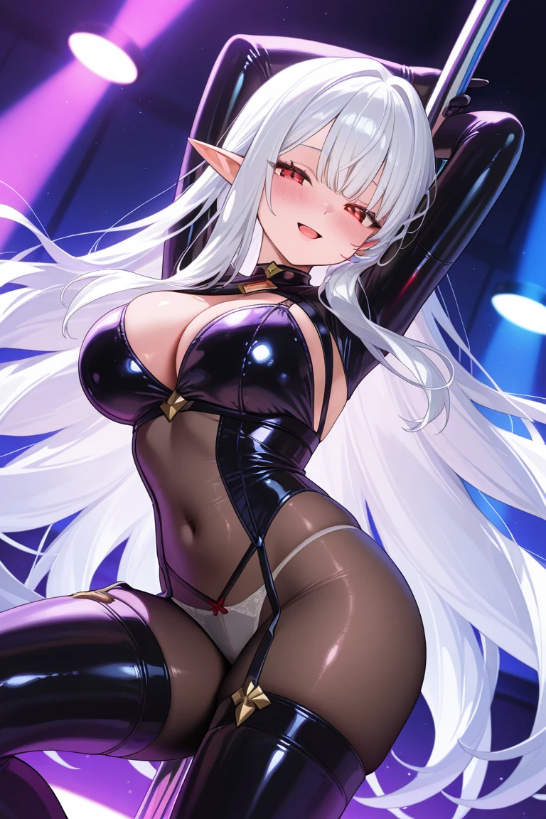 nude, naked, large breasts, nipple, long hair, white hair, facial mark,belt, bodysuit, gauntlets, high heels,yin yang