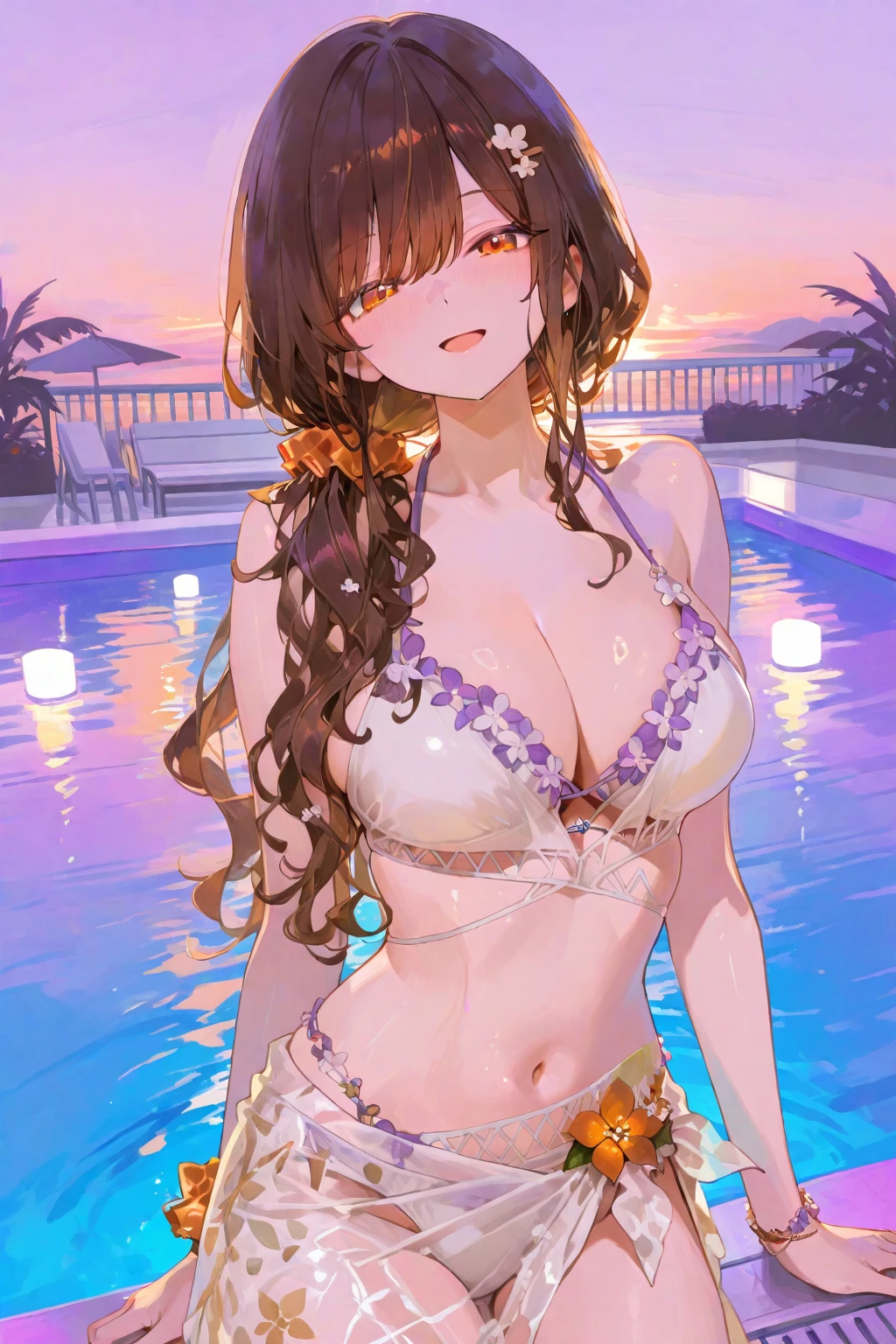 (((Masterpiece))), (((Highest quality))), ((Ultra-detailed)), ((Super fine illustration)), ((Ultra-fine painting)), (16K highest quality wallpaper:1.4), (Upper body:1.6), HDR, (Highly detailed and delicate illustration style:1.8), Detailed skin texture, Detailed cloth texture, Extreme detailed description, (T-masterpiece), (Highly detailed face:1.4), (Highly detailed fox ears:1.2), (Highly detailed (golden-brown:1.4) braid:1.2), (Highly detailed blue eyes:1.2), Original, RAW photo, Professional, Intricate details, Super details, (Perfect anatomy:1.4), (Highly detailed hands:1.2), (Highly detailed fingers:1.2), (Highly detailed fingertips:1.2), (Sexy), (Sexy), (27-years-old), (Solo:1.6), ((A beautiful and attractive (fox) female model:1.4)) BRAKE (Beautiful and adorable fox ears:1.6), (Highly detailed and delicate fox ears:1.2), (Beautiful and well-shaped big breasts:1.2), (Beautiful and well-shaped buttocks), (Beautiful and shiny (golden-brown:1.4) braid:1.6), (Highly detailed and delicate (golden-brown:1.4) braid:1.2), (Beautiful and clear blue eyes:1.6), (Highly detailed and delicate blue eyes:1.2), (Highly detailed face:1.4), (Smile:1.4), (Blush:1.4), (Looking at viewer:1.4) BRAKE (Concept art:1.2) BRAKE ((Highly beautiful and detailed beach in the background just after noon:1.6), (Just after noon:1.4), Very detailed and delicate beach:1.2) BRAKE ((Purple) plunking neckline and cleavage plunging:1.4)) BRAKE (NSFW) BRAKE