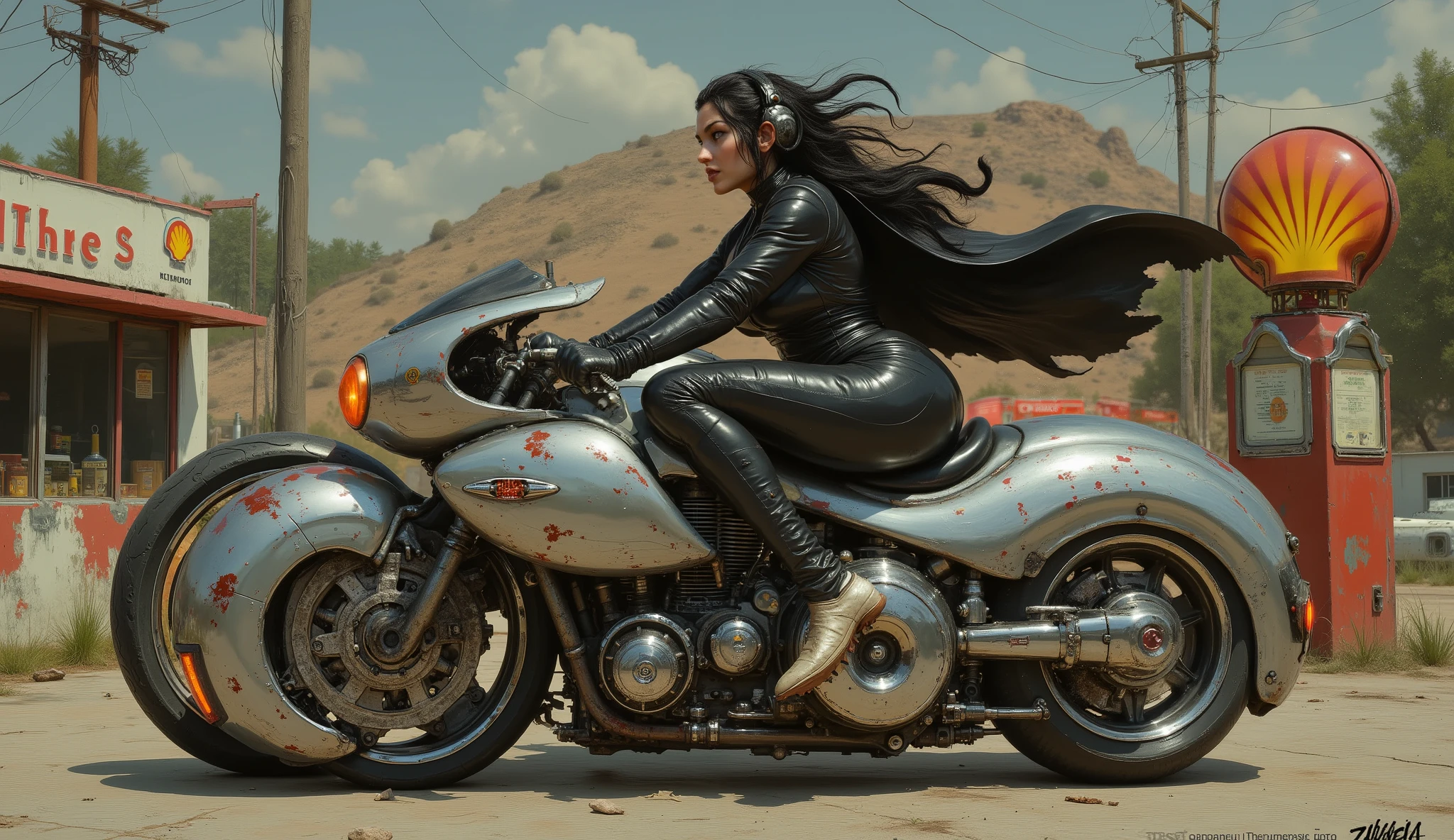 attractive female vampire riding 50's imagined futuristic silver chrome jet hover bike with oversized hotrod like components, 50's style shell gas station, in the style of 50's design, adventure pulp, vampirepunk, realistic figurative, post apocalyptic fallout 4 splash screen