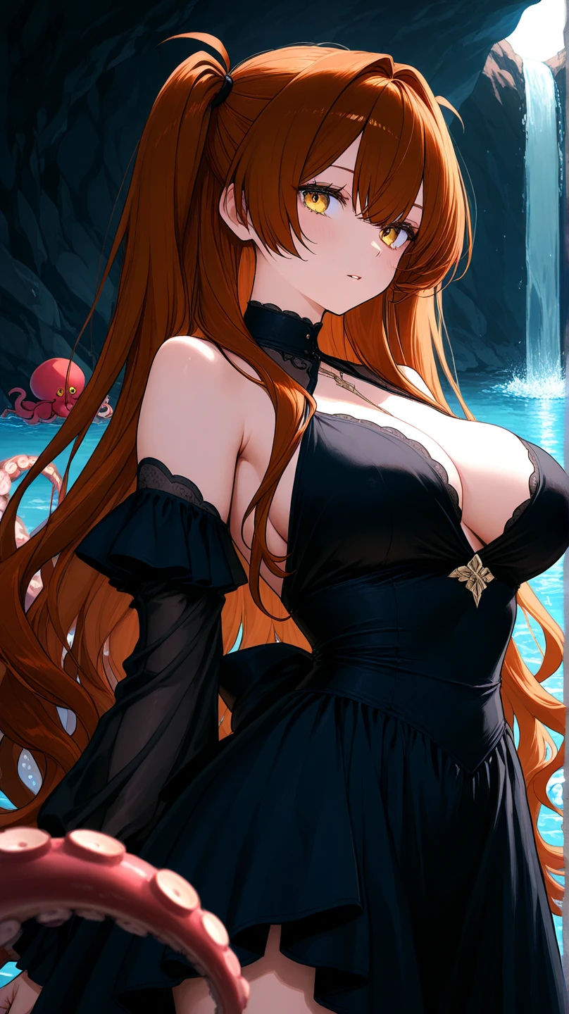 Simple White Background, Black shirt,long sleeves,turtleneck, hair ornament, Green eyes, Orange hair,bangs,Long hair, 1 girl, 20yo,Young female,Beautiful long legs,Beautiful body, Beautiful Nose,Beautiful character design, perfect eyes, perfect face,expressive eyes,perfect balance, looking at viewer,(Focus on her face),closed mouth, (innocent_big_eyes:1.0),(Light_Smile:0.3), official art,extremely detailed CG unity 8k wallpaper, perfect lighting,Colorful, Bright_Front_face_Lighting,White skin, (masterpiece:1.0),(best_quality:1.0), ultra high res,4K,ultra-detailed, photography, 8K, HDR, highres, absurdres:1.2, Kodak portra 400, film grain, blurry background, bokeh:1.2, lens flare, (vibrant_color:1.2),professional photograph, (Beautiful,large_Breasts:1.4), (beautiful_face:1.5),(narrow_waist), (((upper body)))