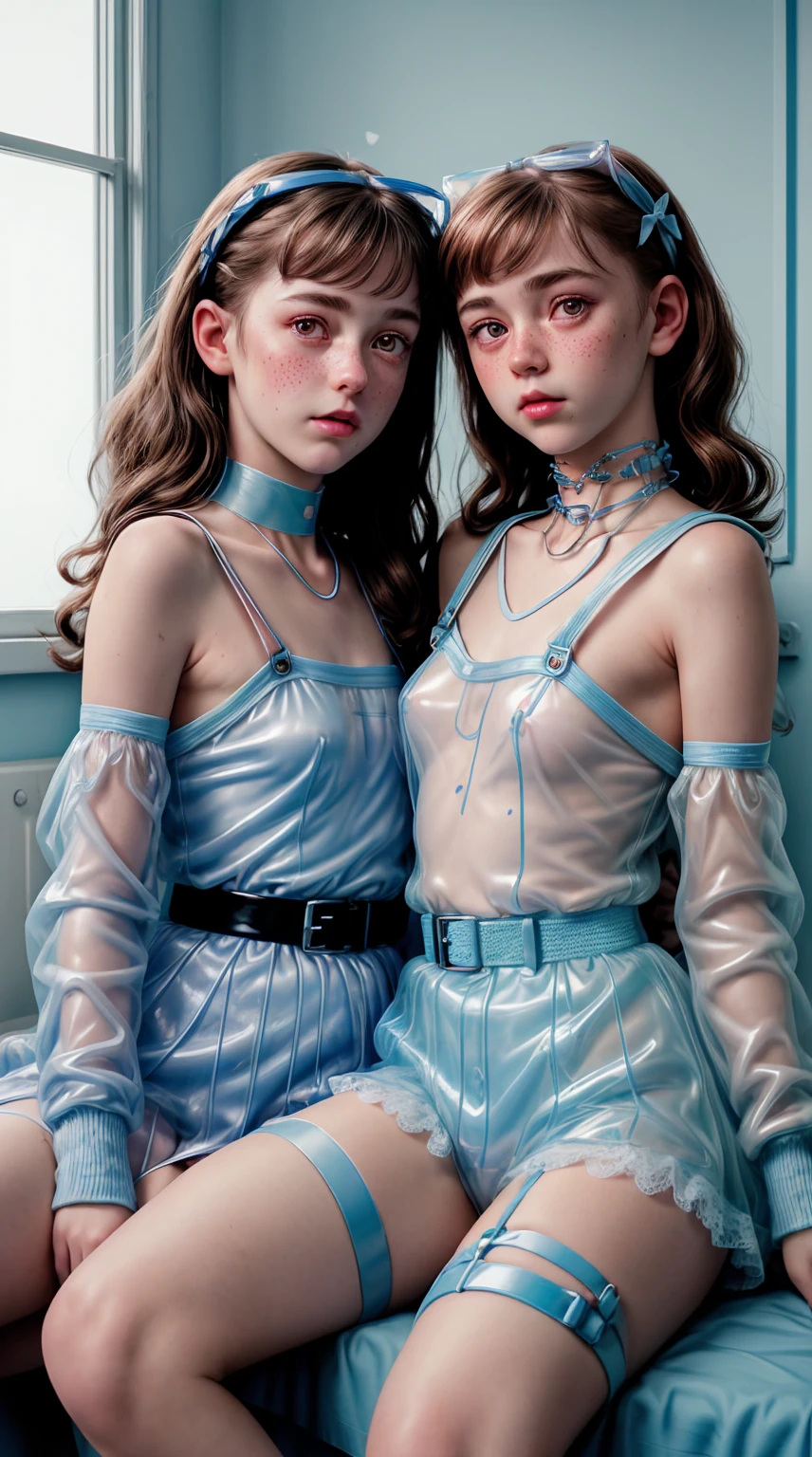 A realistic rendering of a Gustav Tenggren style illustration of a very close shot, ultra close shot on the breasts of two girls , 2 pert, nubile, thin, freckled teen girls, sitting side by side, with 50s style, very short color streaked, multi colored hair, colors of the rainbow in hair, bows in hair, slight smile, topless, best quality, tiny breasts, bare breasts, small breasts, bare crotch, exposed crotch, pink nipples , puffy nipples , exposed nipples , wearing a clear, blue, plastic body armor, clear blue plastic armor, clear, blue, plastic body harness, clear, blue, plastic body cage, blue bondage straps, black, spiked choker necklace, black leather jacket, a silver chain wrapped around body, open, white blouse, white lace collar, pastel lace, pastel lace straps under nipples, pastel lace straps under breasts, open light blue, fuzzy sweater, undressing, schoolgirl
uniform, partially clothed, sitting in a bondage harness swing, in a blue, neon lit, 1950s teen girl's bedroom, glowing blue, neon lights, full of bondage straps,, ultra close shot on breasts