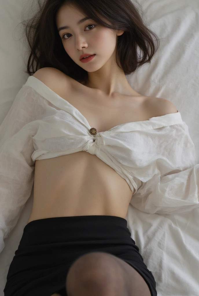 HD, Masterpiece, high quality, masterpiece, high-detail, high-level image quality, Medium bob hair, a very cute school girl, Light brown beautiful hair, natural bangs, lying down on the back, ((Sleep)), (eyes closed), ((unconsciousness)), (((plenty of ????? hair:1.4), (((????? on face))), (????? on thighs:1.2), ((can see her panties:1.2), (both arms lie down beside her body)