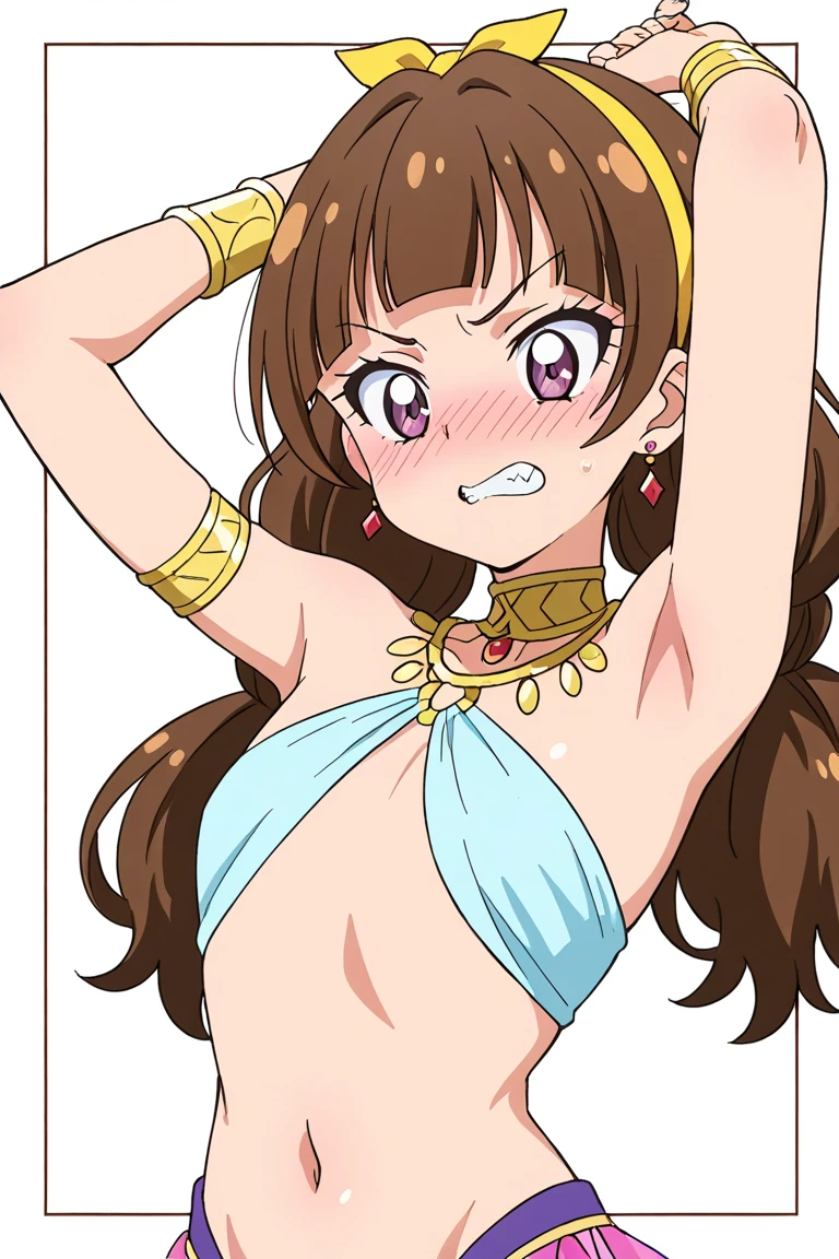 chibi emoji of the character with luscious reddish-brown hair styled in fishtail braids, clad in a revealing and sexy pink swimsuit that accentuates her curves. Ensure her captivating blue eyes exude a sultry gaze, paired with a seductive smile that promises mischief. Incorporate the text "Distractingly sexy" in a flirty and playful font, emphasizing her irresistible allure that captivates all who behold her